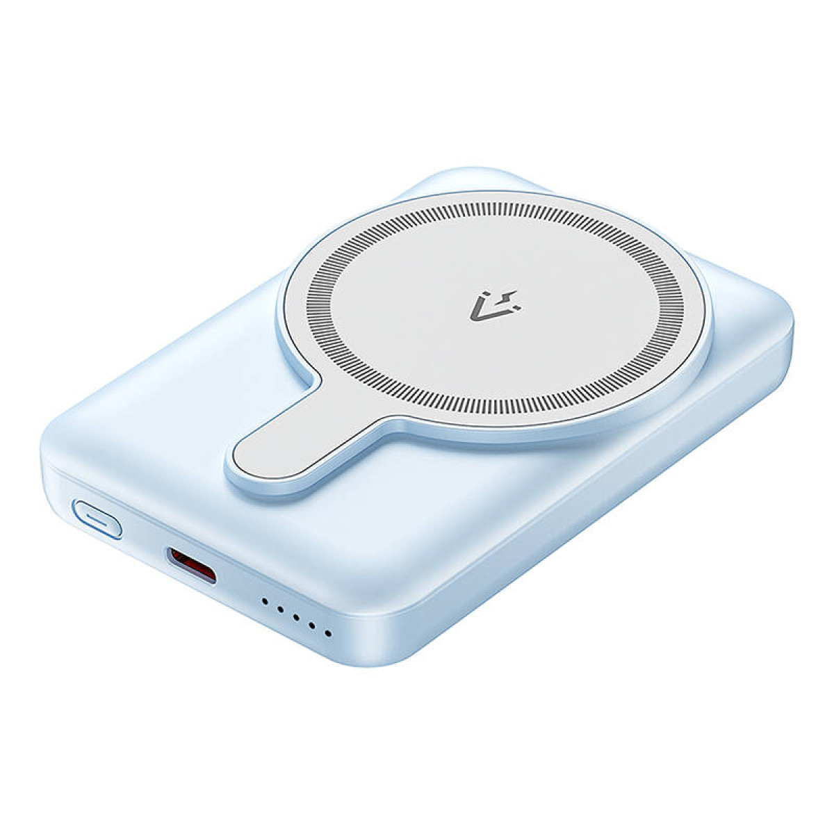 Eine hellblaue, rechteckige Powerbank mit einem kreisförmigen Ladepad oben. Ein USB-Anschluss ist an der Seite sichtbar.