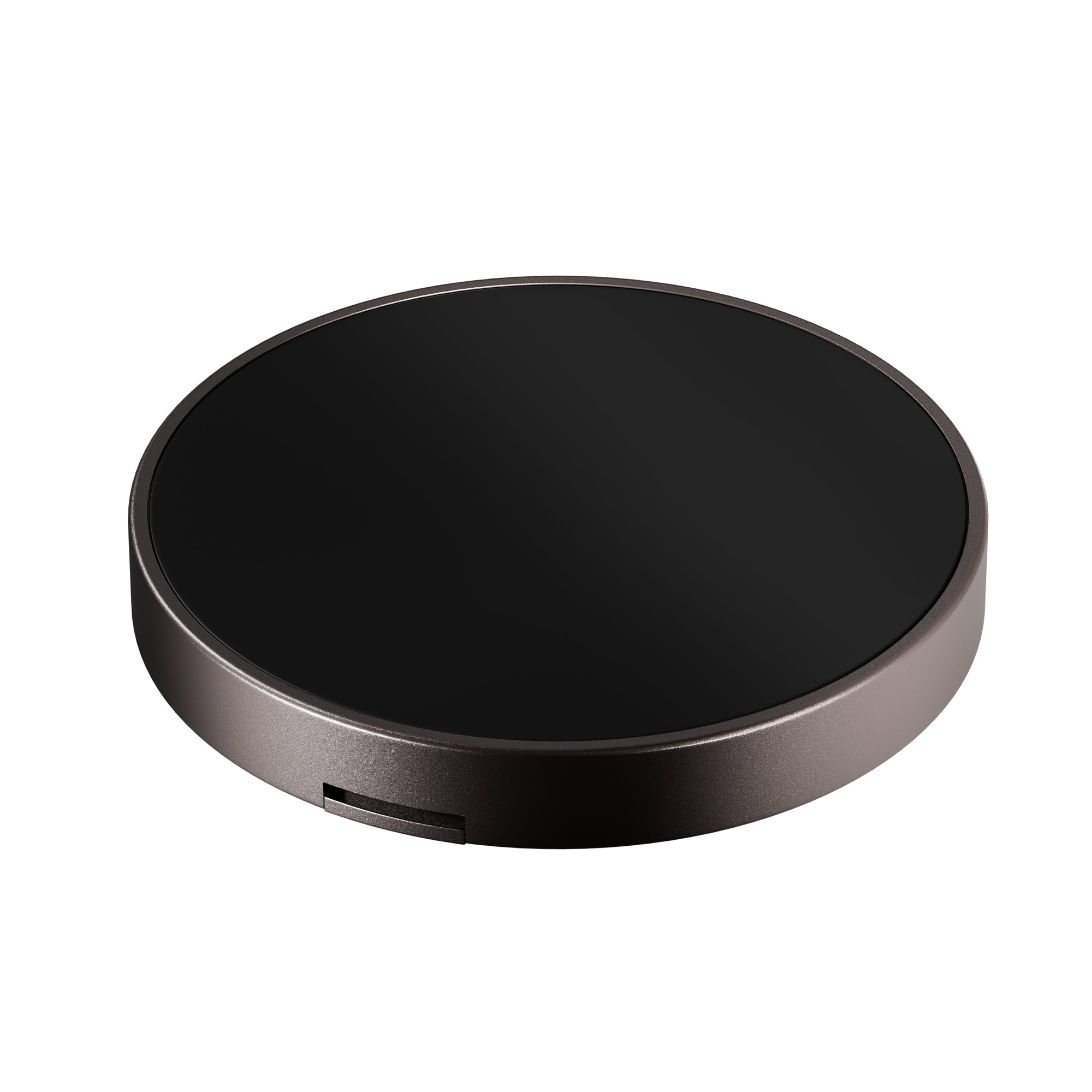Okrągła, ciemnoszara ładowarka bezprzewodowa. Czarna powierzchnia środkowa z wycięciem.