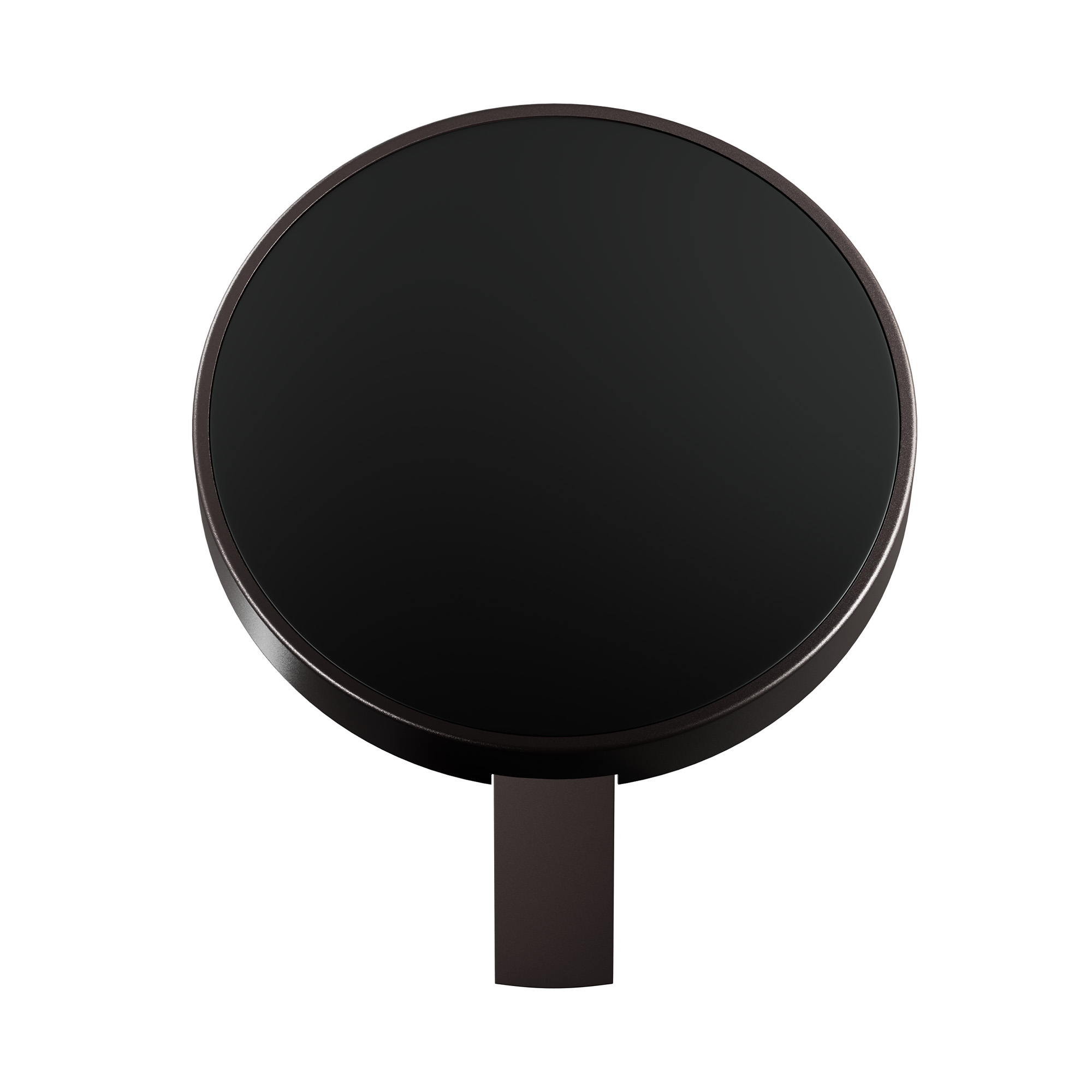 Czarne, okrągłe urządzenie smart home z ciemnym ekranem i ciemnobrązową podstawą.