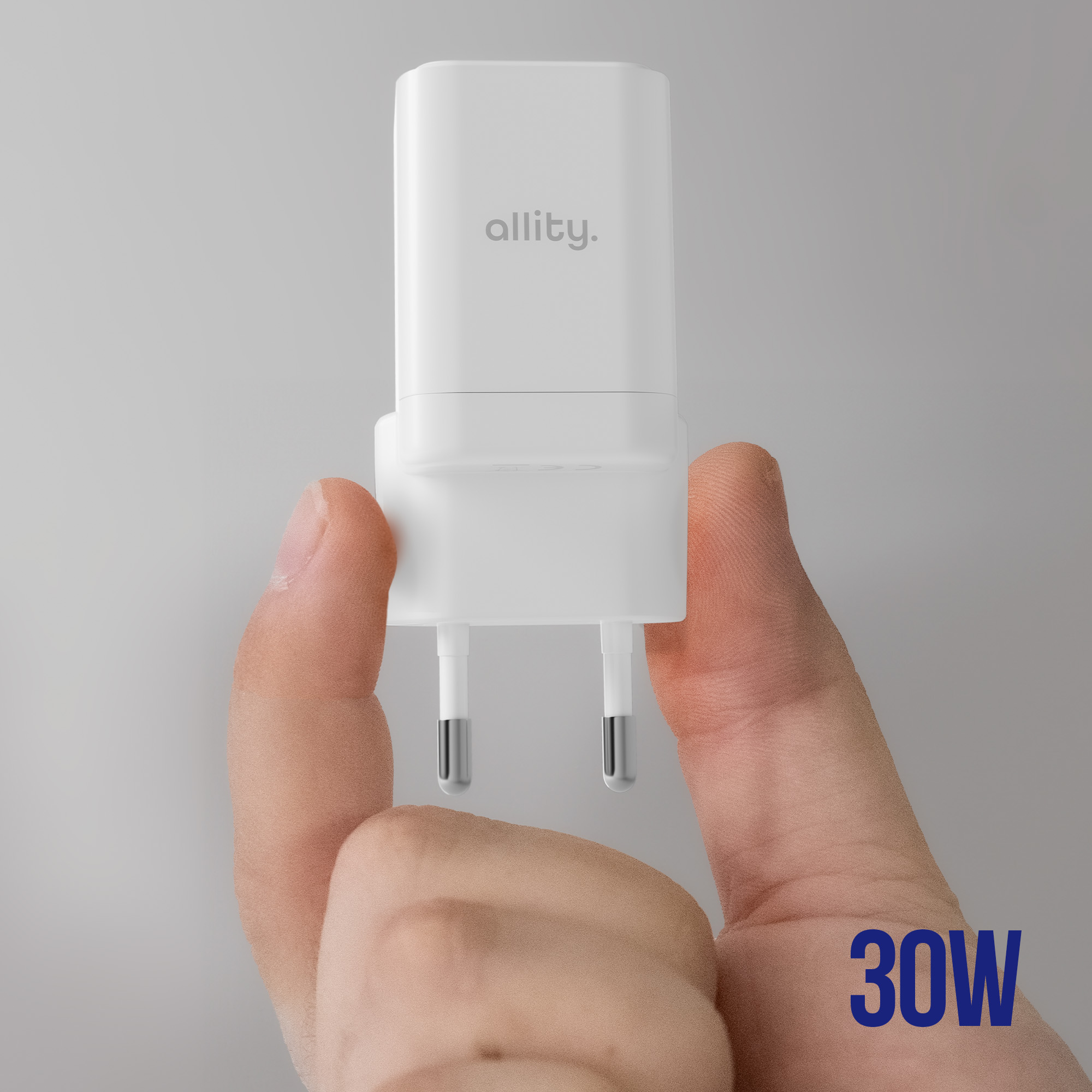Biała ładowarka trzymana w dłoni. Etykieta głosi 'allity.'. Ładowarka ma dwa metalowe piny.