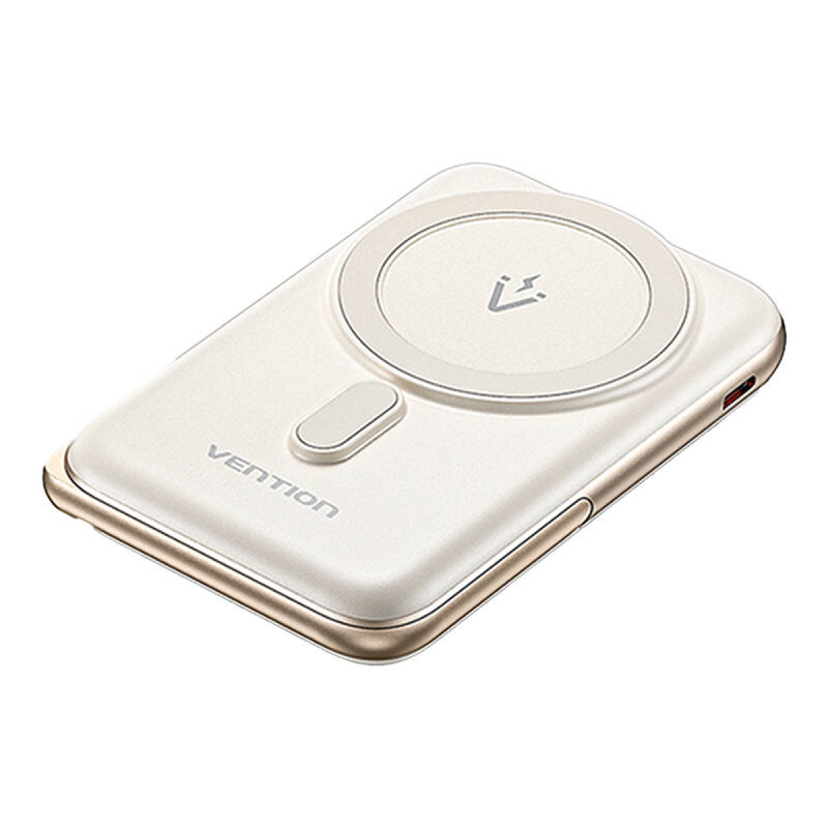 Ein weißes und goldenes kabelloses Ladepad mit dem Vention-Logo. Das Pad hat einen erhöhten Ladekreis.