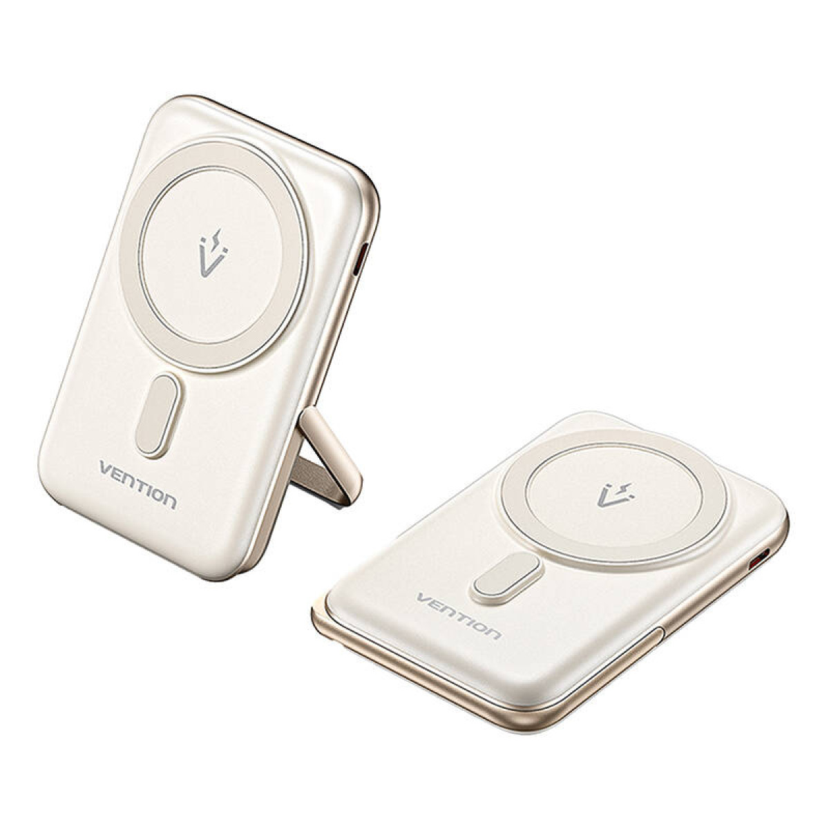 Zwei weiße und goldene Vention Powerbanks. Eines steht mit Ständer und eines liegt.