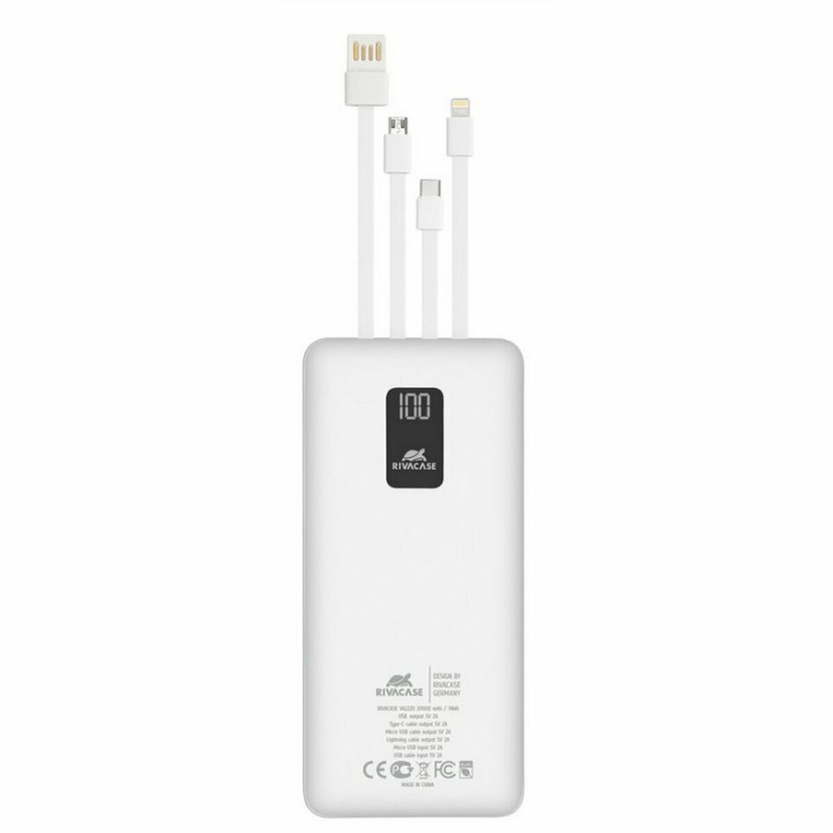 Power bank bianco con più cavi di ricarica. Il display mostra 100%. Sfondo bianco.