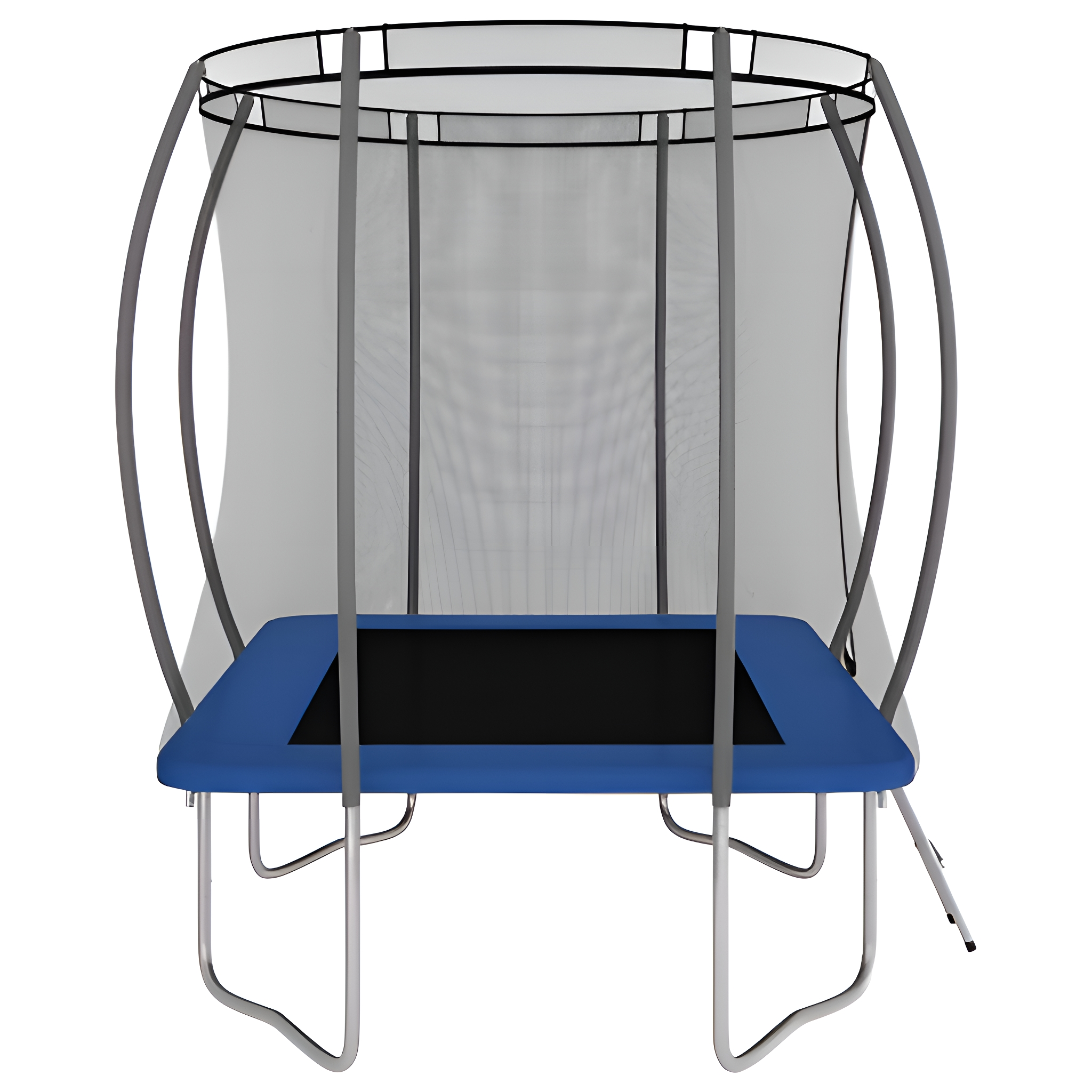 Ein blaues Trampolin mit Sicherheitsnetz. Metallrahmen, schwarze Sprungfläche.