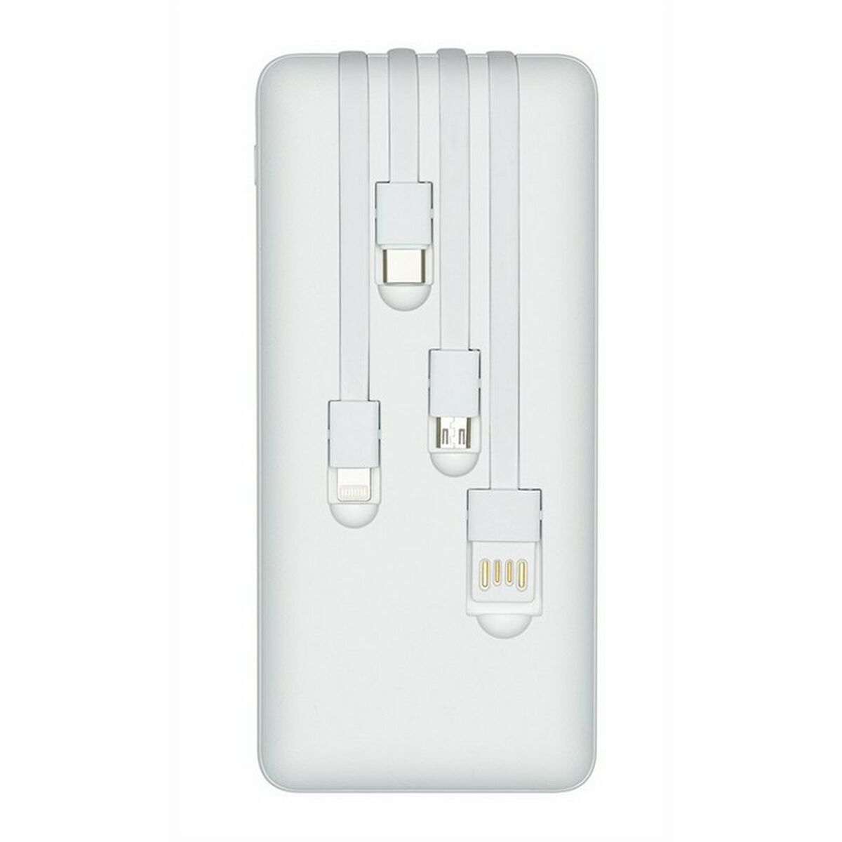 Power bank bianca con quattro cavi collegati e vari connettori.