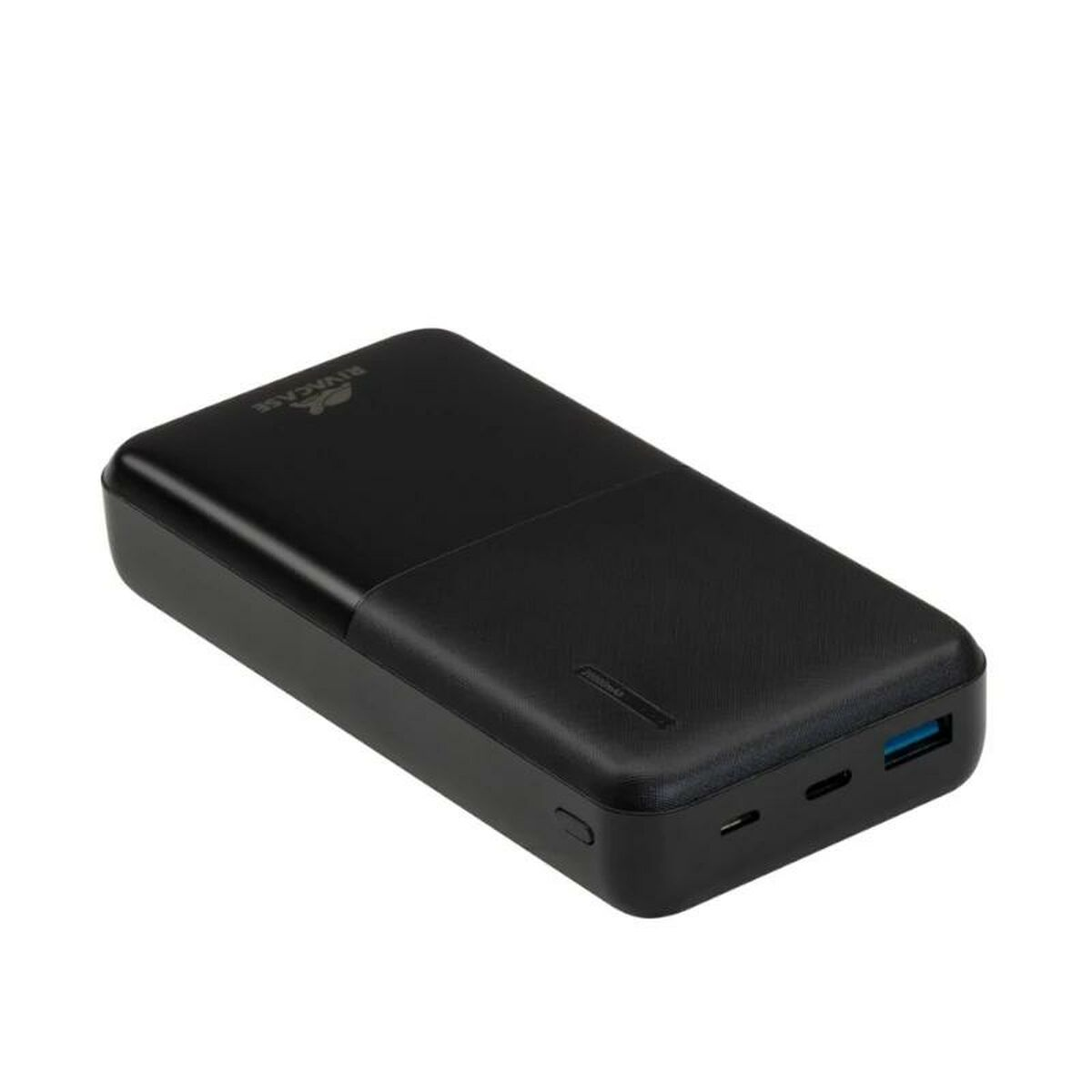 Power bank nero con porta USB. È rettangolare e ha una finitura liscia e opaca.