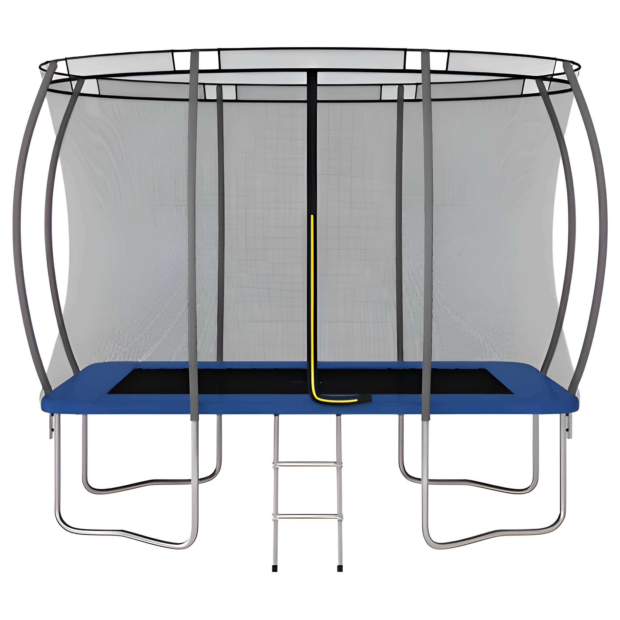 Ein großer rechteckiger Trampolin mit blauer Sprungfläche, umgeben von einem Sicherheitsnetz und einer Leiter.