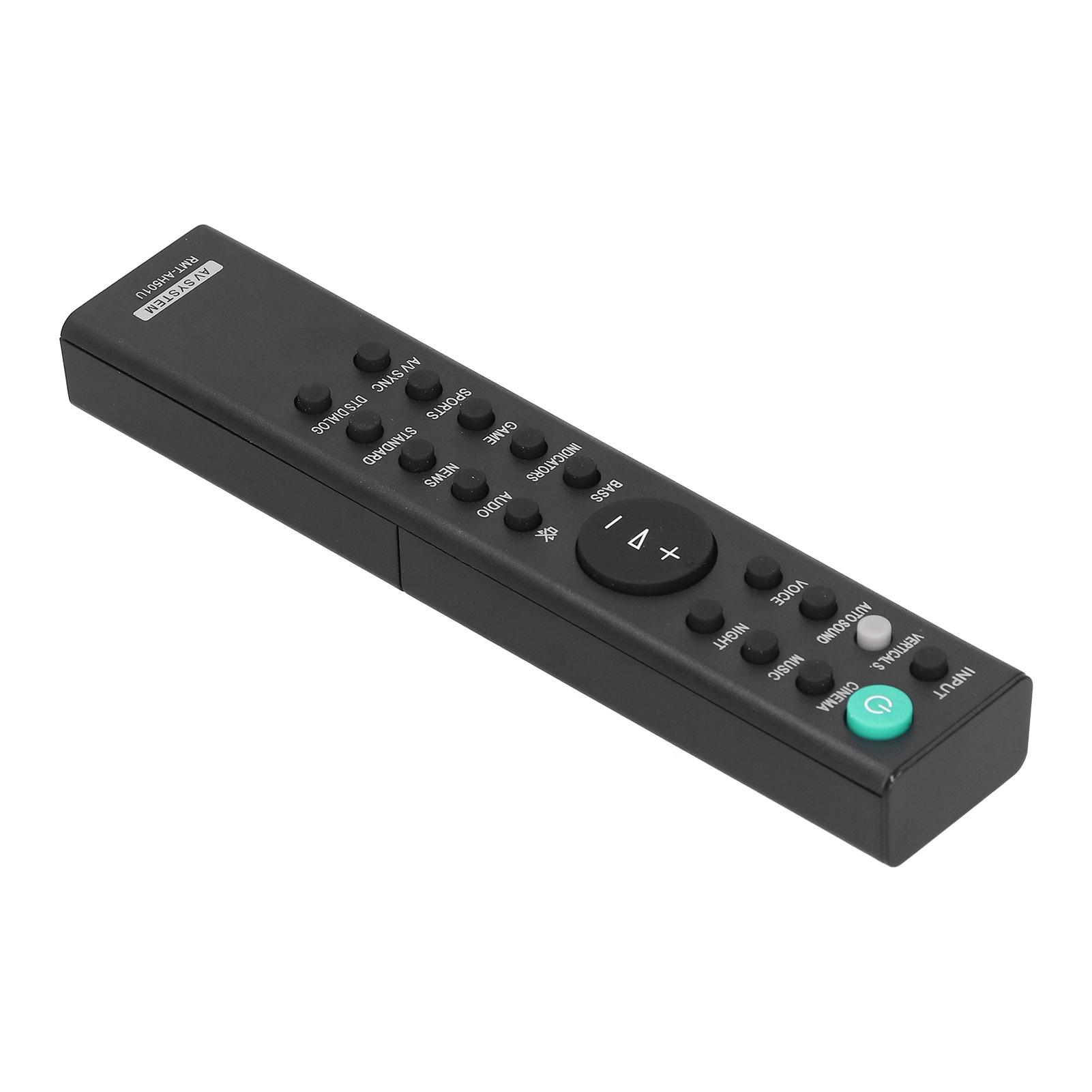 Schwarze Fernbedienung mit vielen Knöpfen für ein Home-Entertainment-System. Die Knöpfe sind beschriftet.