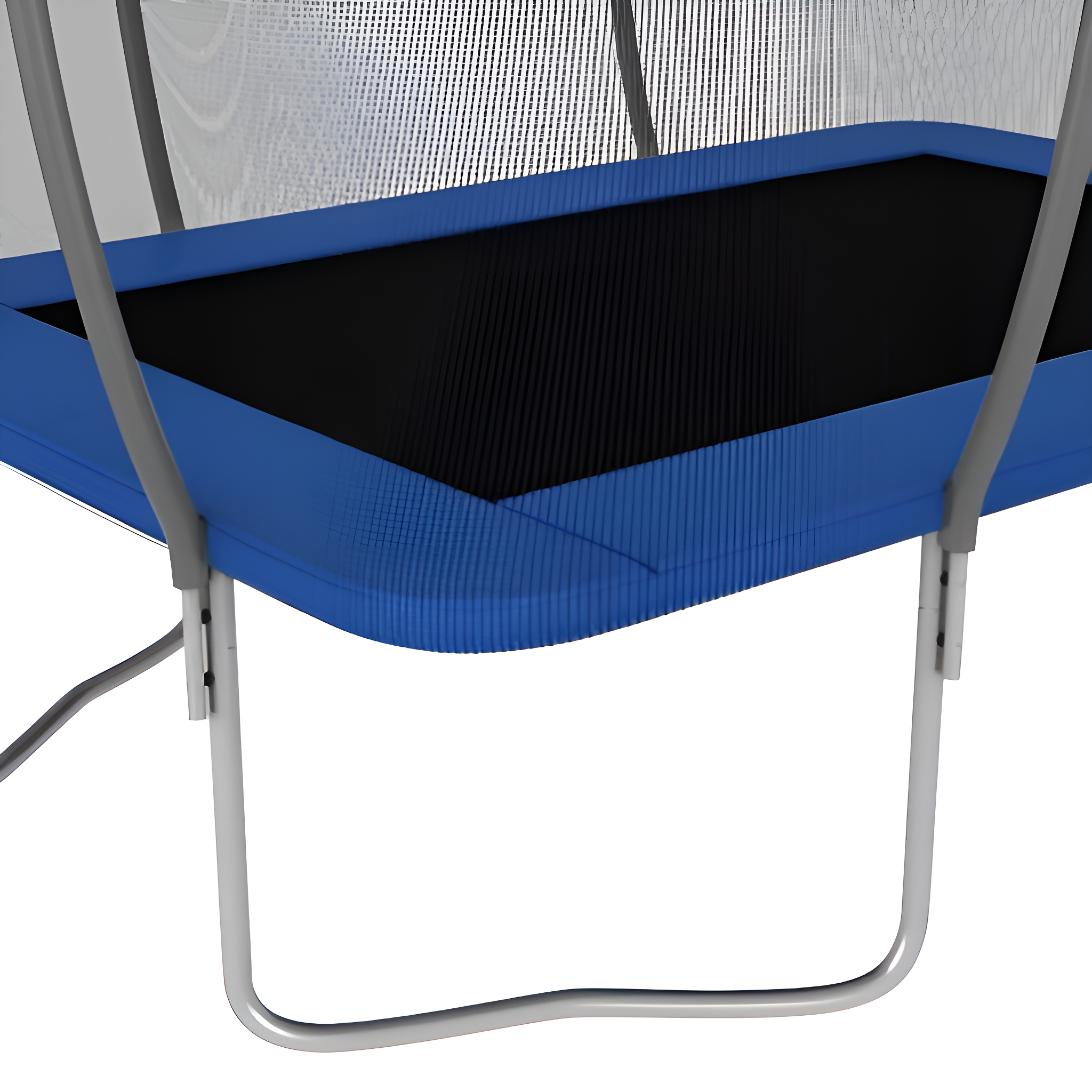 Blauer und schwarzer rechteckiger Trampolinrahmen. Verfügt über eine schwarze Sprungfläche und silberne Beine.