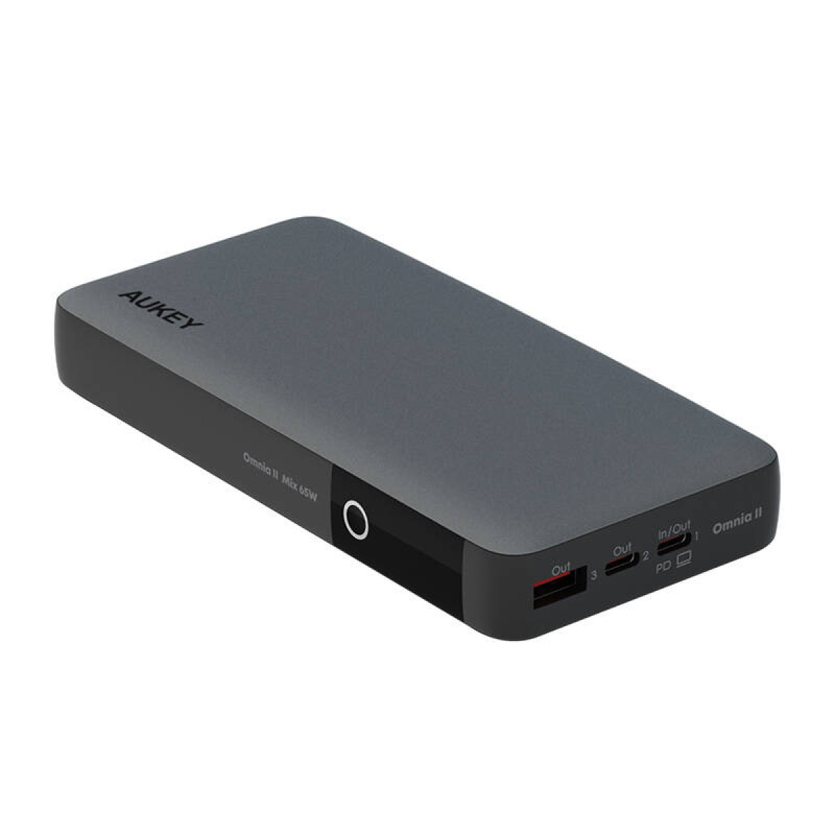 Power bank AUKEY Omnia II Mix 65W grigio scuro con più porte. Vista angolata su sfondo bianco.
