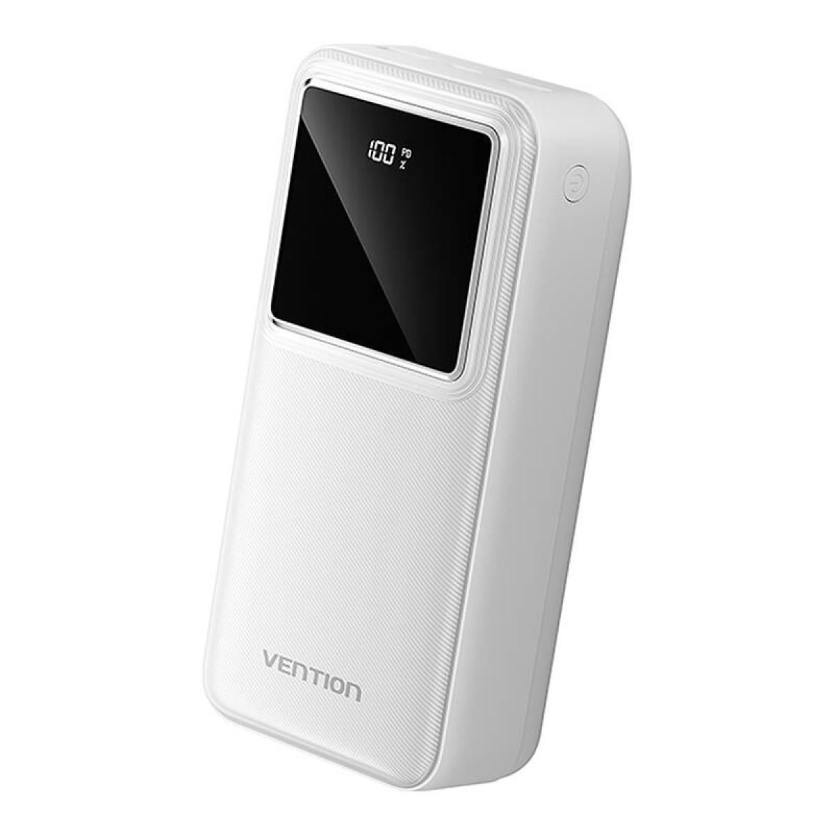 Power bank bianco con display che mostra 100%. Il marchio 'VENTION' è scritto sul fronte.