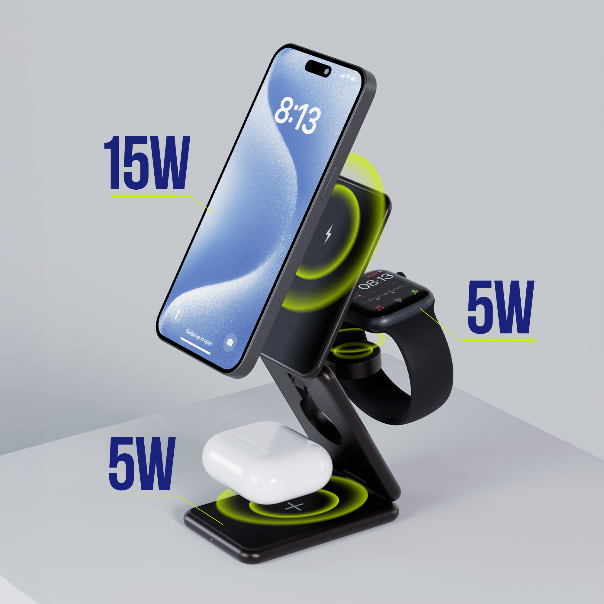 Bezprzewodowa stacja ładująca z telefonem, zegarkiem i słuchawkami w trakcie ładowania.