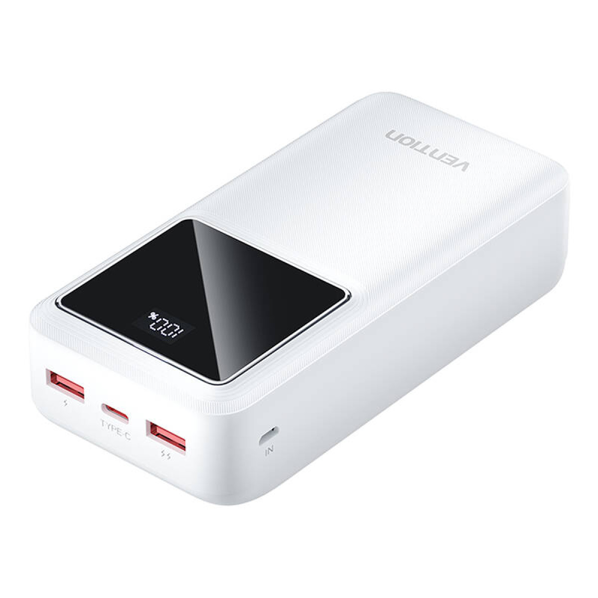Power bank bianca con display digitale nero. Ha più porte USB. La combinazione di colori è bianco e nero.