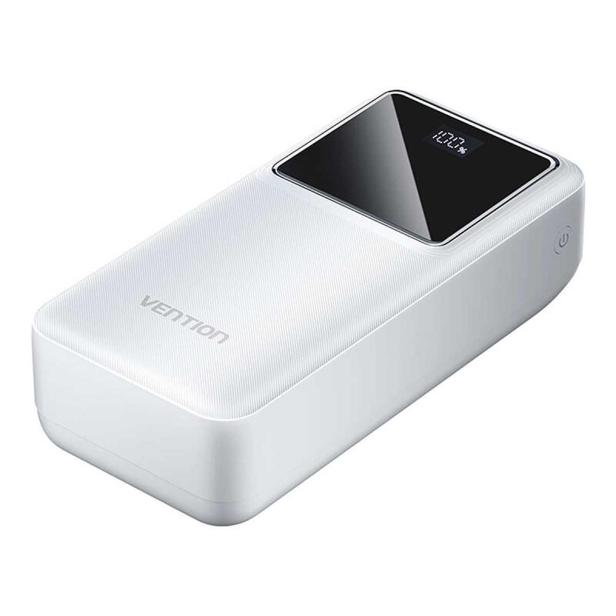 Power bank bianco con display che mostra il 100%, sfondo bianco.