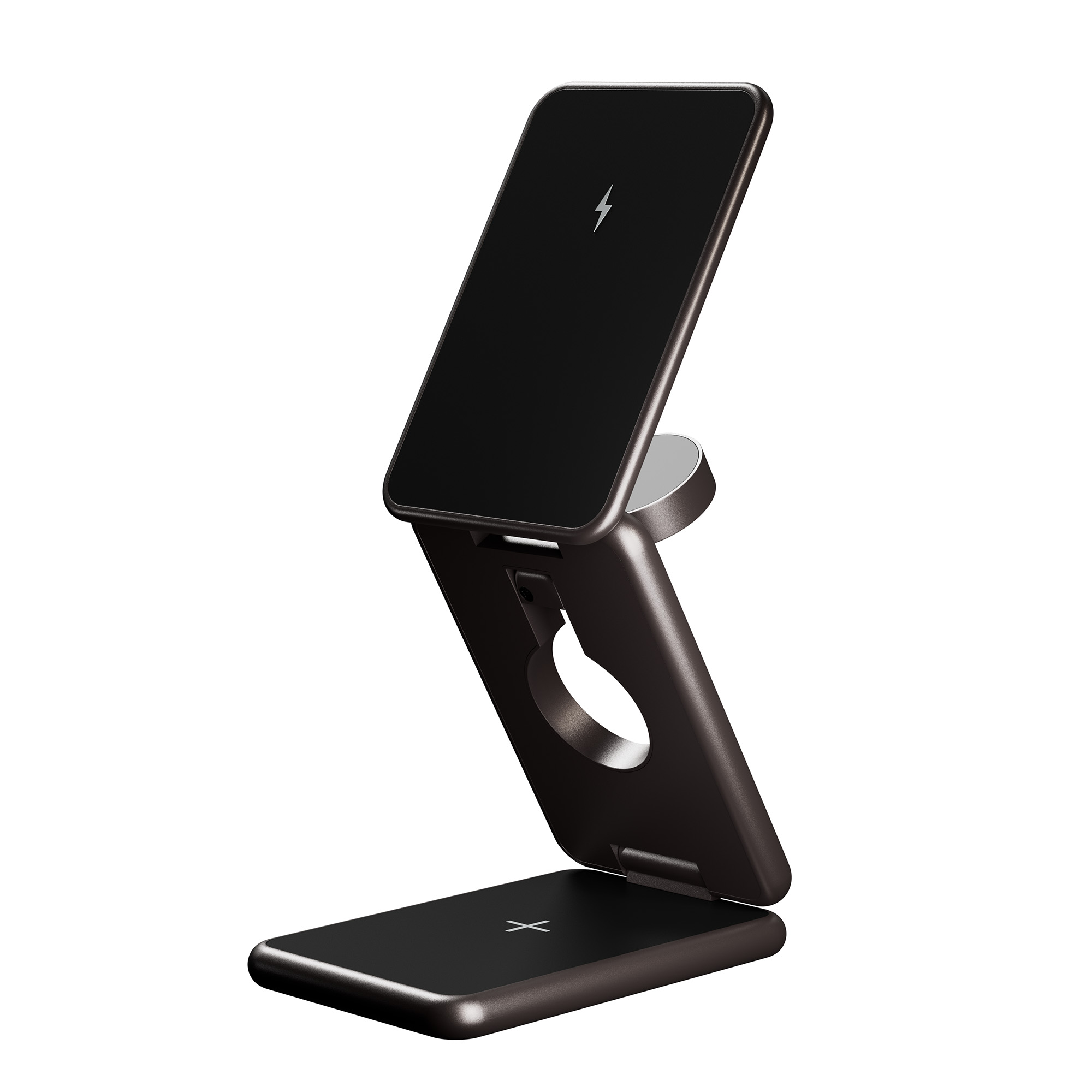 Czarny i srebrny bezprzewodowy stojak do ładowania, złożony i rozłożony, ze symbolem ładowania.