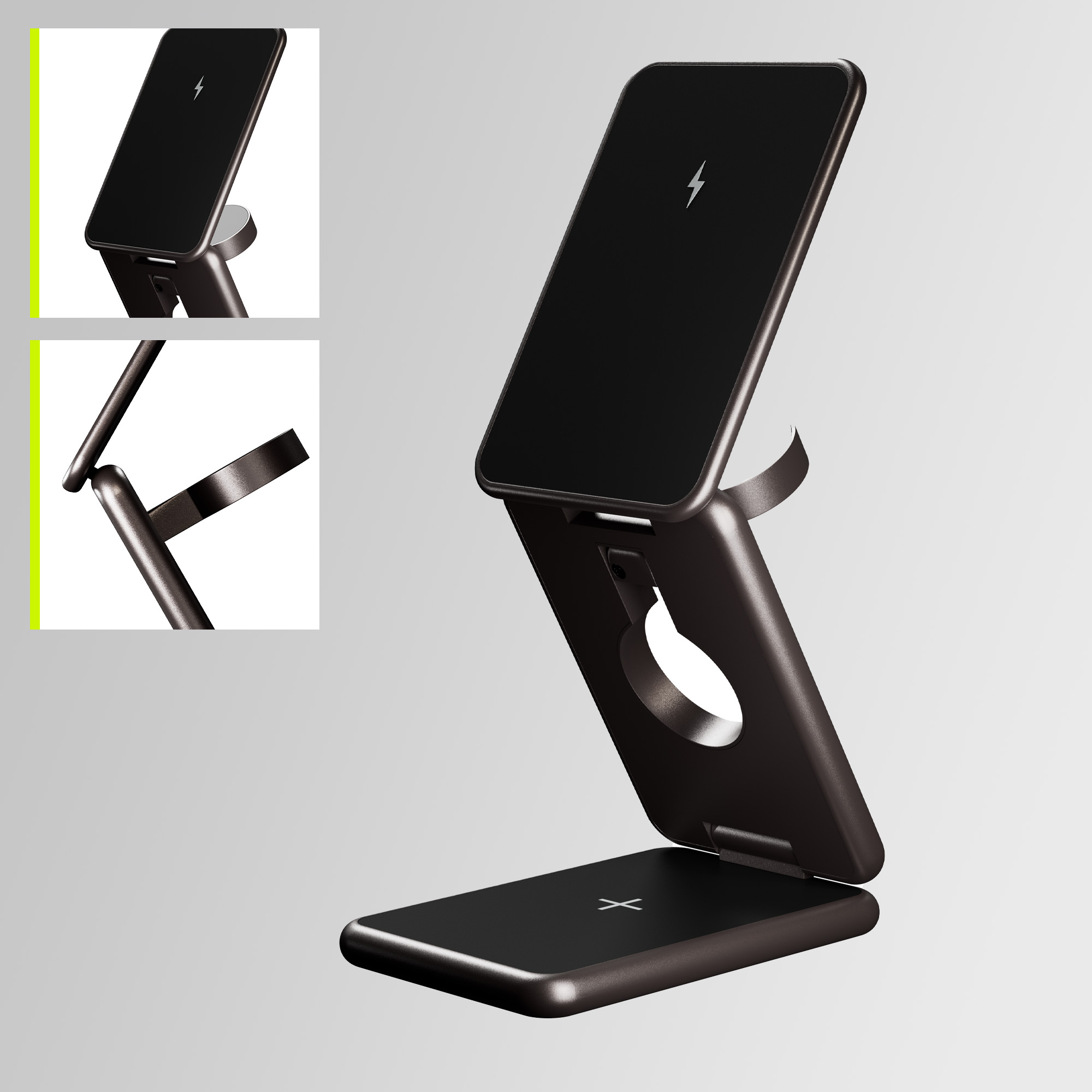 Bezprzewodowa podstawka do ładowania telefonu, ciemnoszara. Pokazuje wiele kątów z symbolem ładowania i białym tłem.