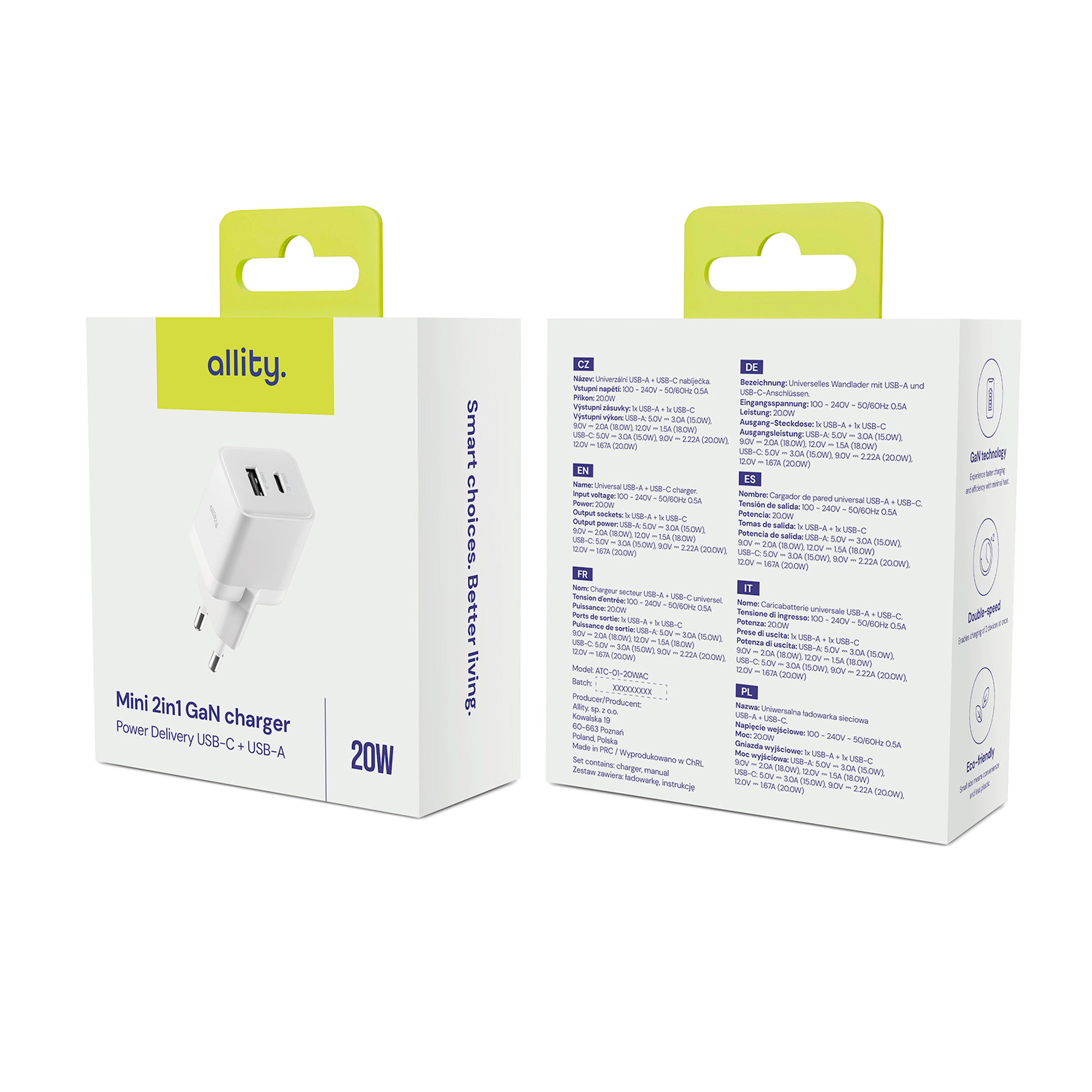 Dwa pudełka białej ładowarki. Opakowanie zawiera specyfikacje ładowarki. Marka to 'allity'.