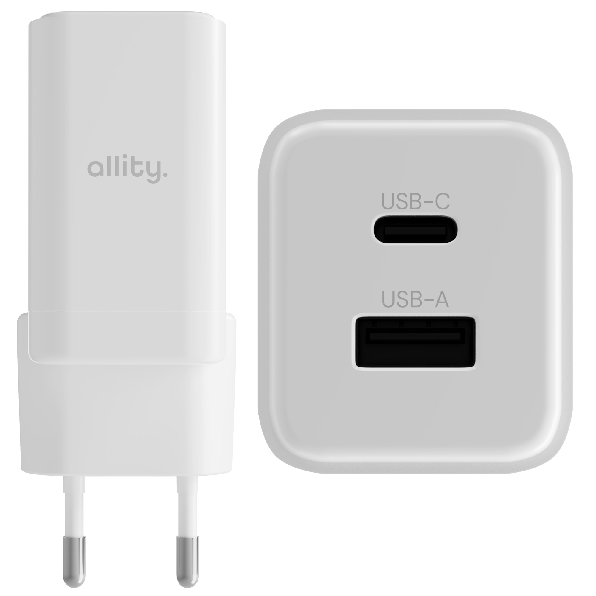 Biała ładowarka z dwoma bolcami i portami USB-C i USB-A. Widoczna nazwa marki 'allity'.