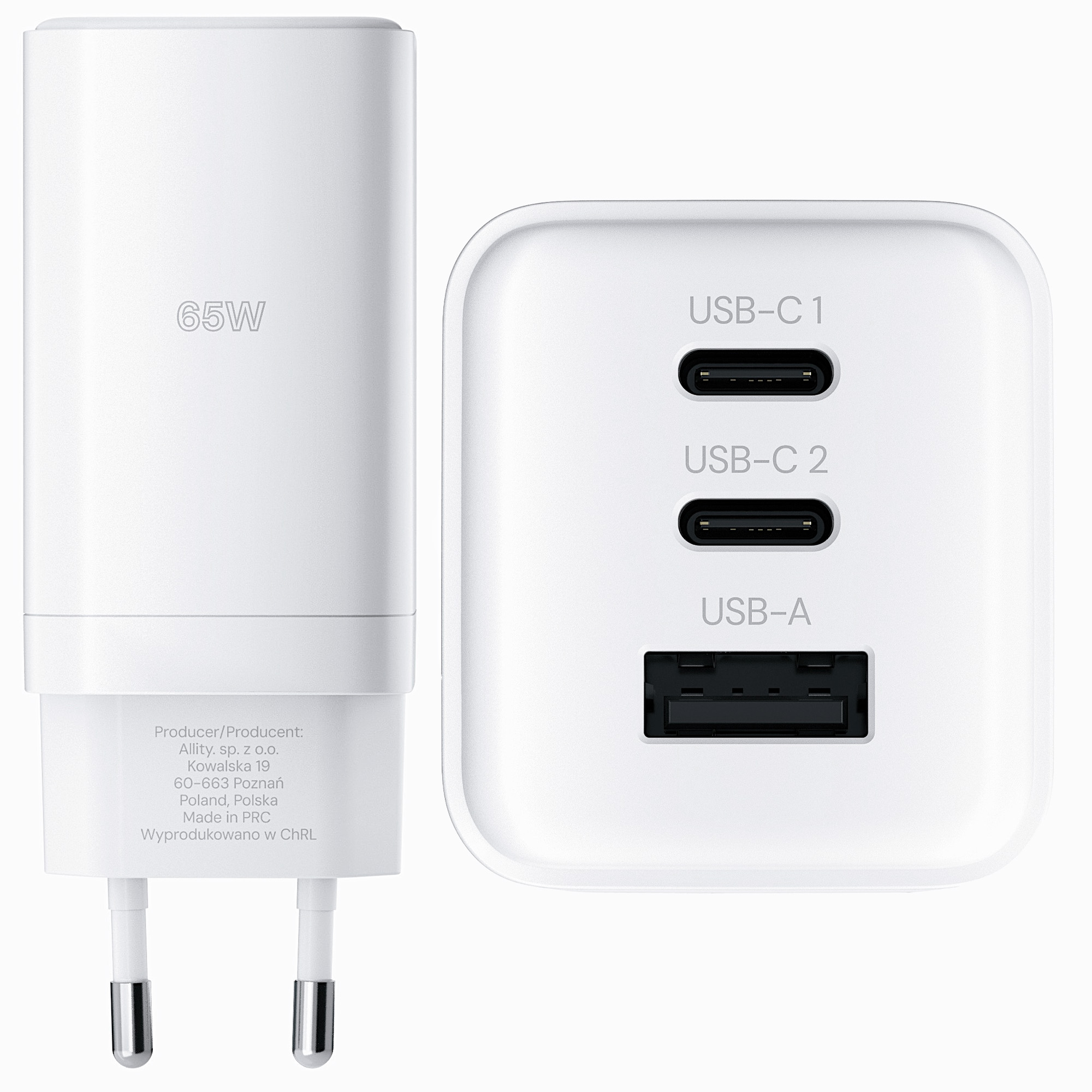 Biała ładowarka 65W, z portami USB-C i USB-A. Tekst na ładowarce zawiera dane producenta.