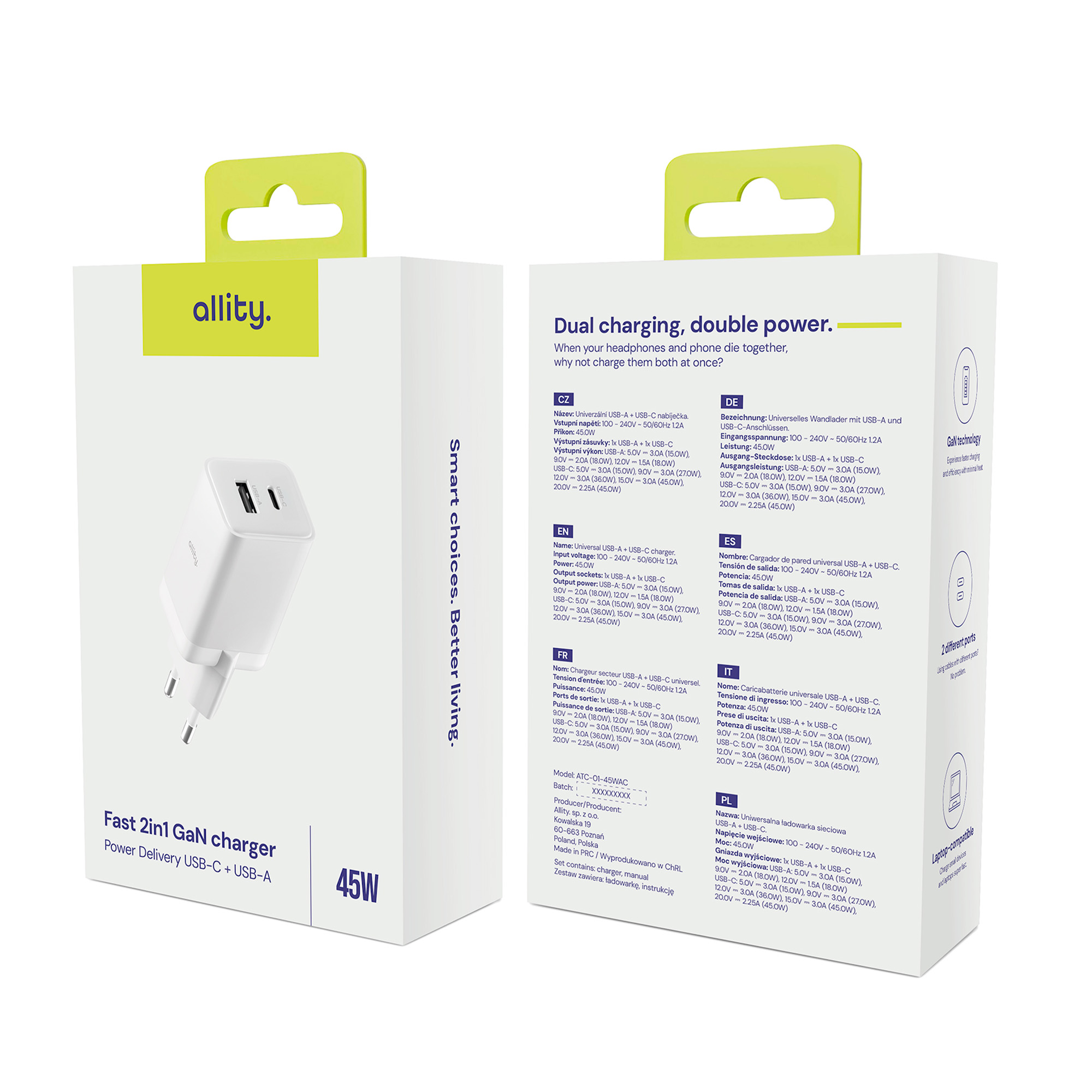 Dwa białe pudełka ładowarki USB z informacjami o produkcie i marką.