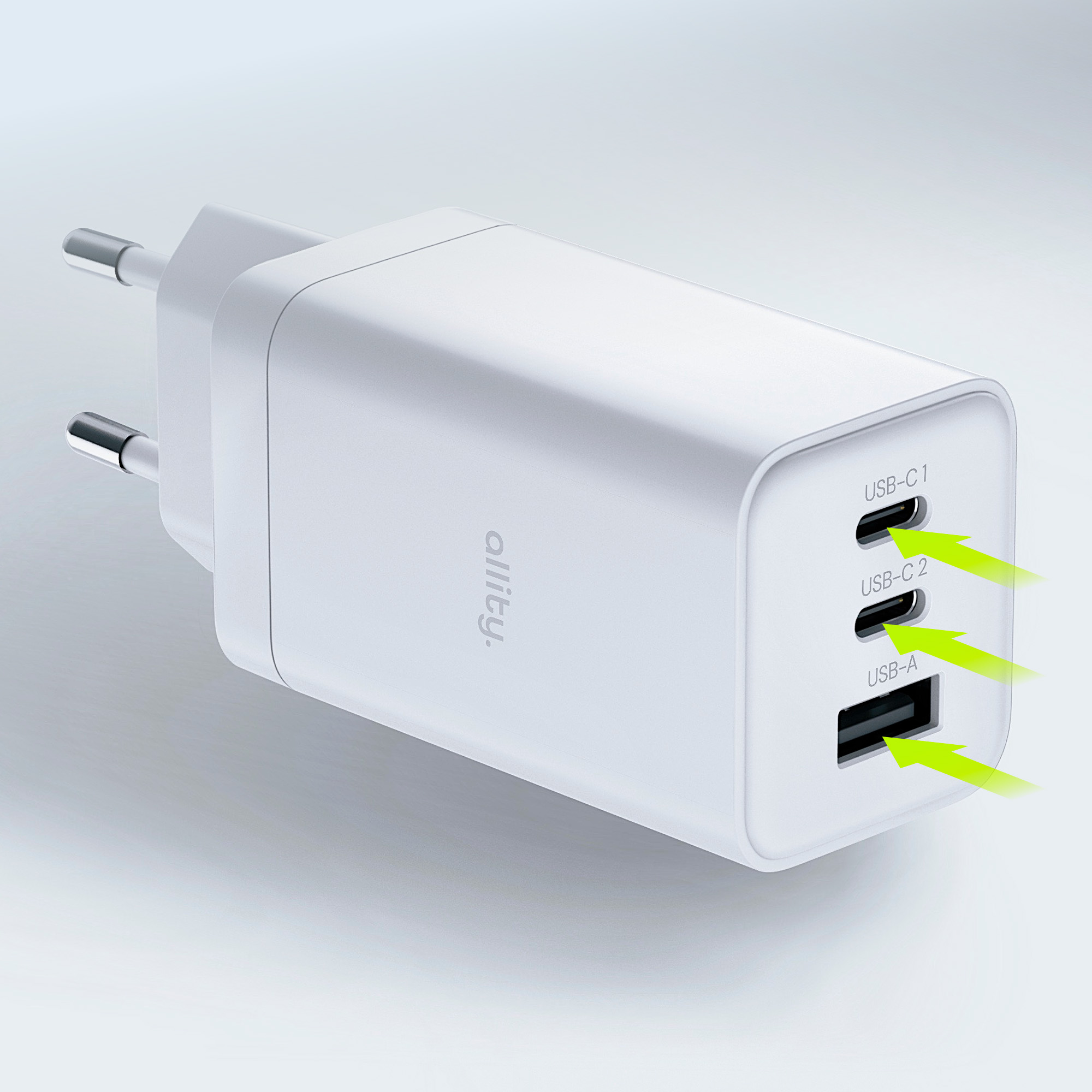 Biała ładowarka USB z trzema portami, oznaczonymi USB-C1, USB-C2 i USB-A.