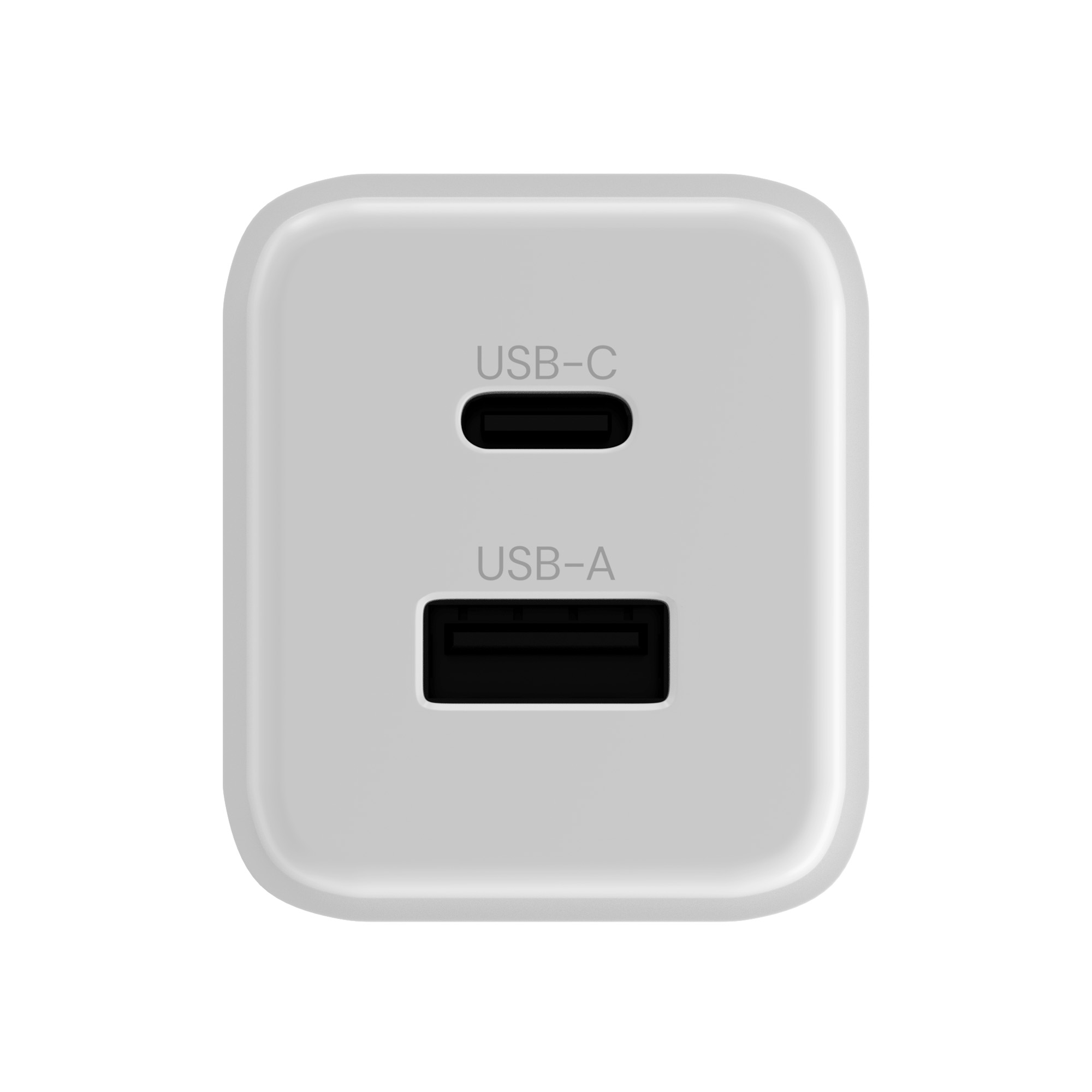 Biała ładowarka z portem USB-C i USB-A. Porty są czarne i prostokątne, na jasnoszarej powierzchni.