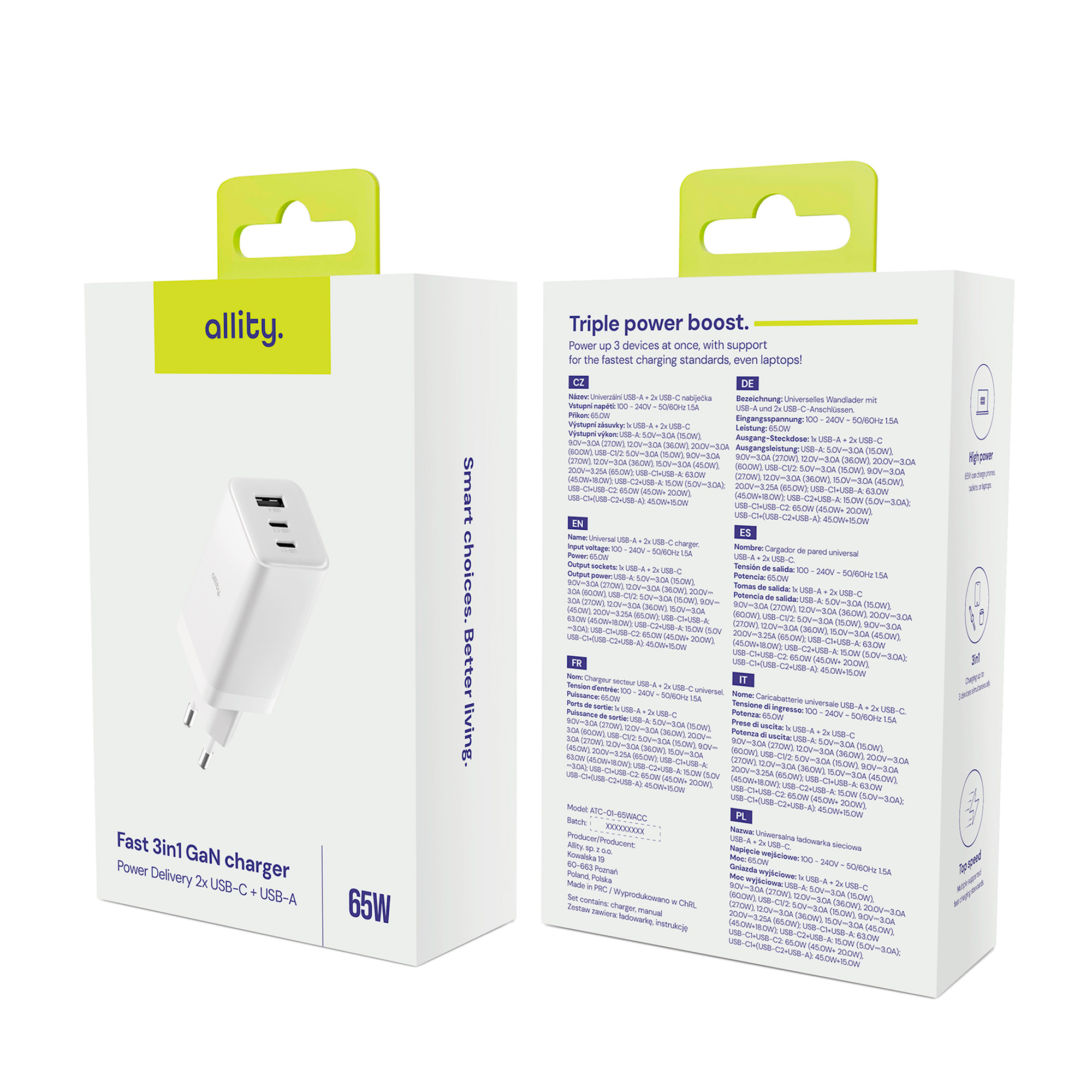 Białe i szare pudełko z ładowarką GaN 3 w 1 i wieloma tekstami.