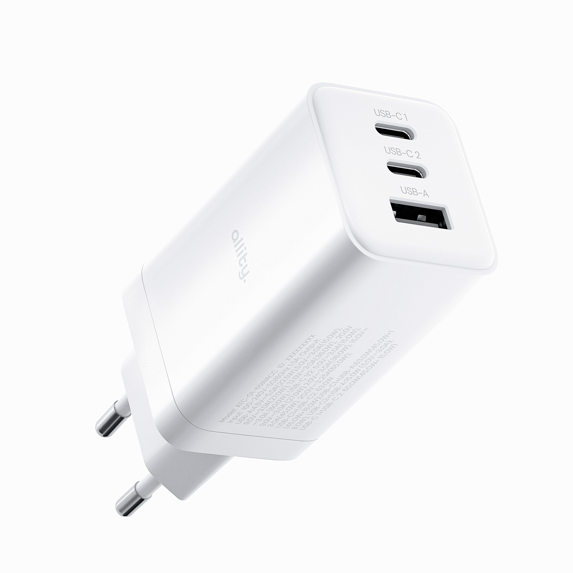Biała ładowarka z trzema portami: USB-C1, USB-C2 i USB-A.