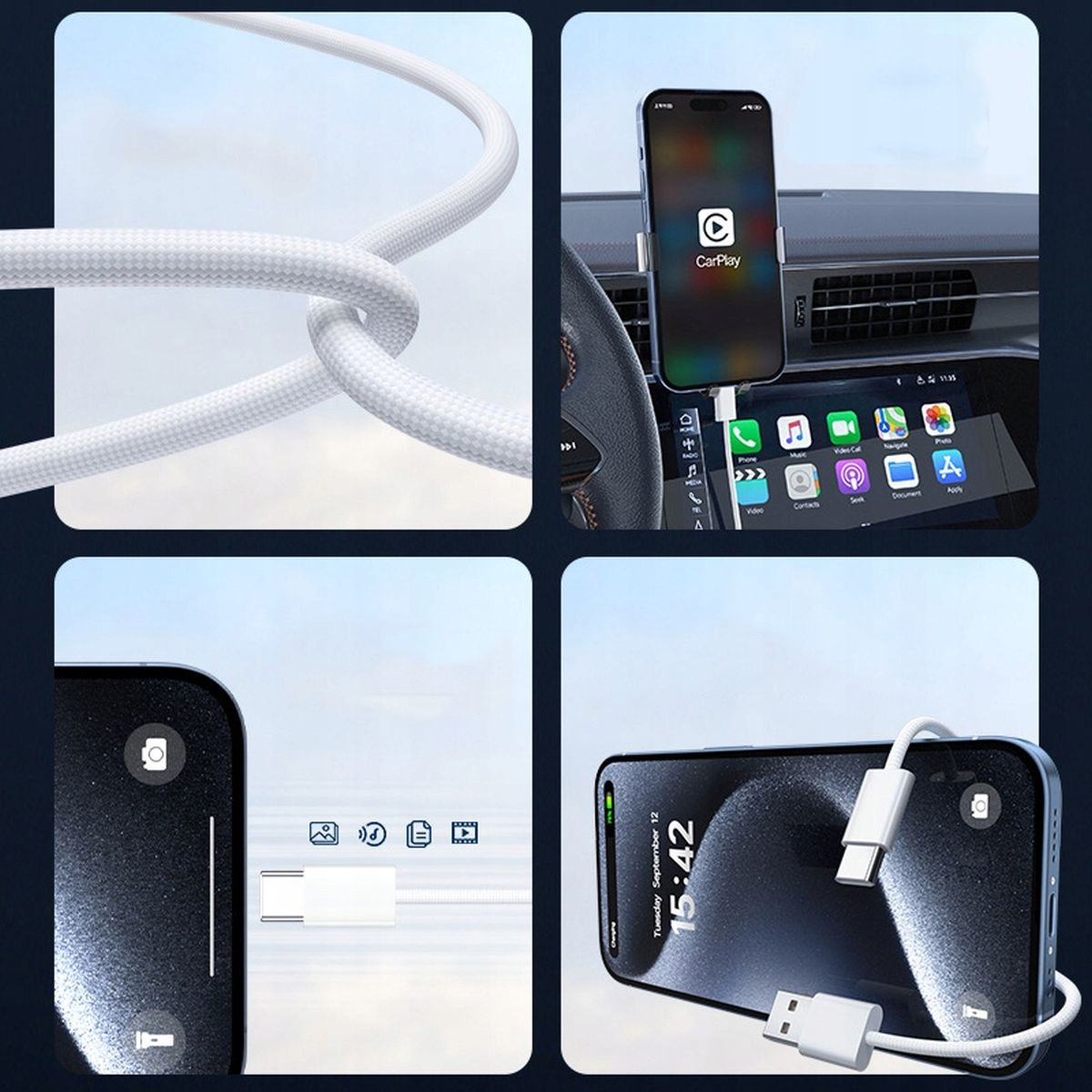Kolaż pokazujący biały kabel ładujący, telefon w samochodzie i telefon z USB-C.