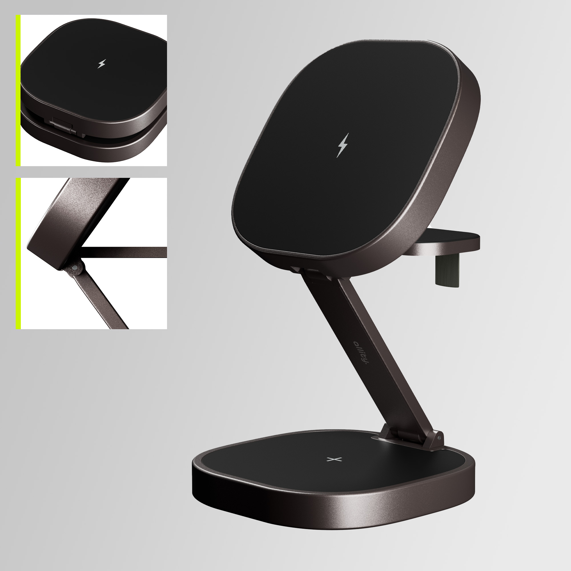 Ładowarka bezprzewodowa z pochyloną powierzchnią ładującą i podstawą, ze szczegółami.