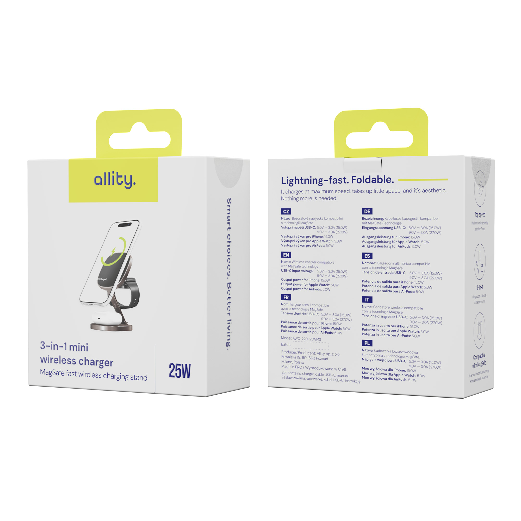 Białe pudełko ładowarki z tekstem i ładowarką bezprzewodową. Ładowarka jest po prawej stronie.
