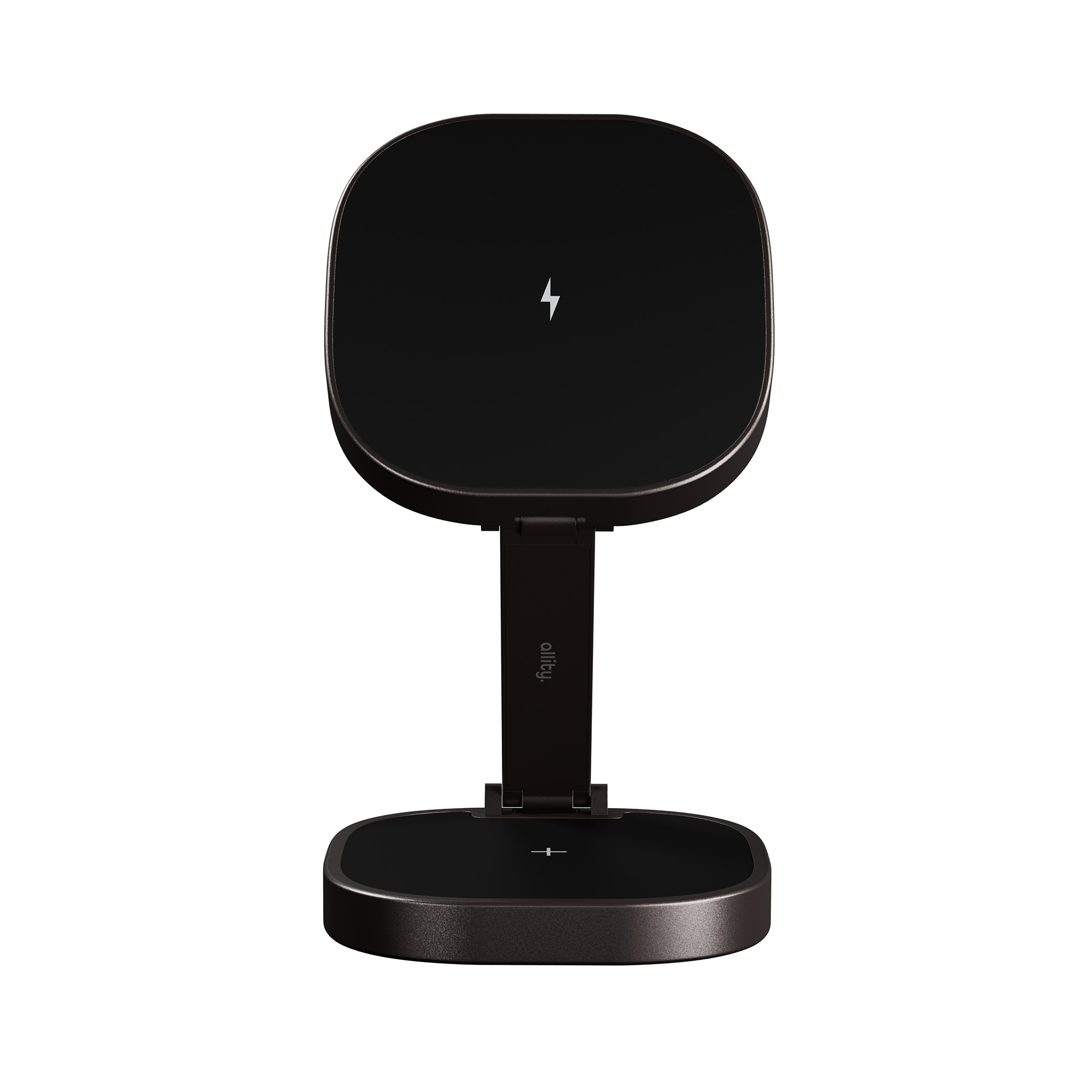 Czarny stojak do ładowarki bezprzewodowej z ikoną błyskawicy na górze.