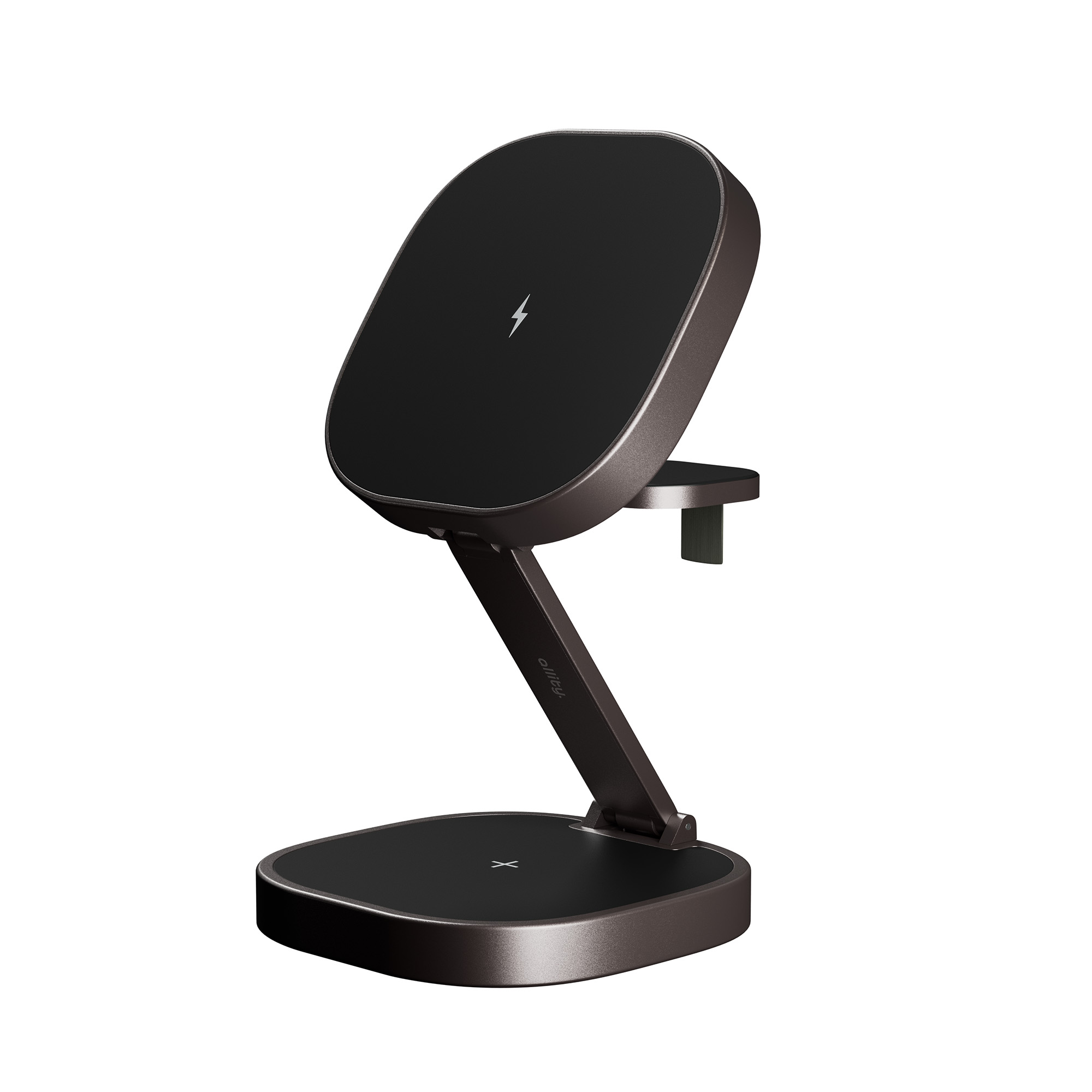 Czarny i brązowy bezprzewodowy stojak do ładowania telefonu.