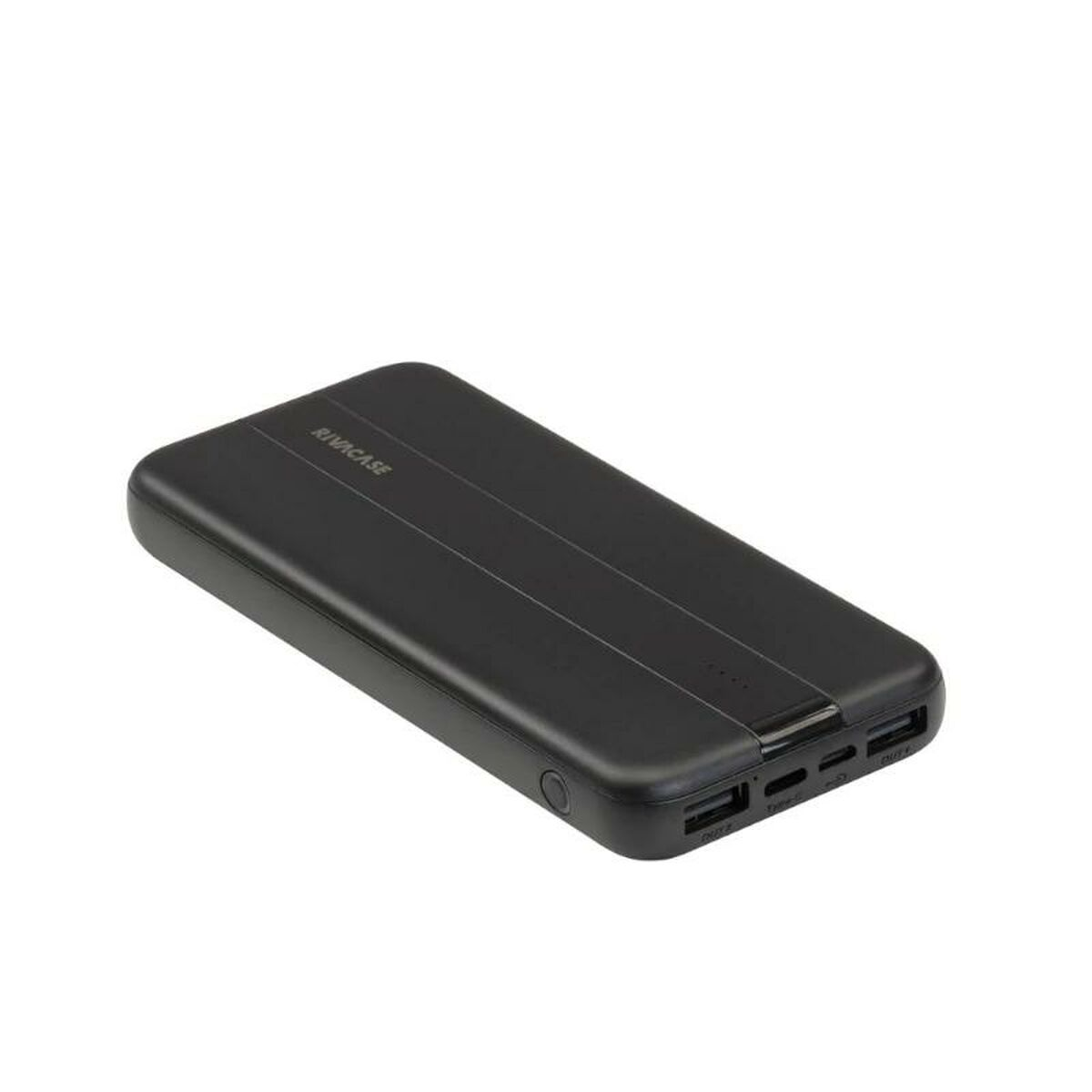Power bank nero con porte di ricarica, un piccolo pulsante e il marchio.
