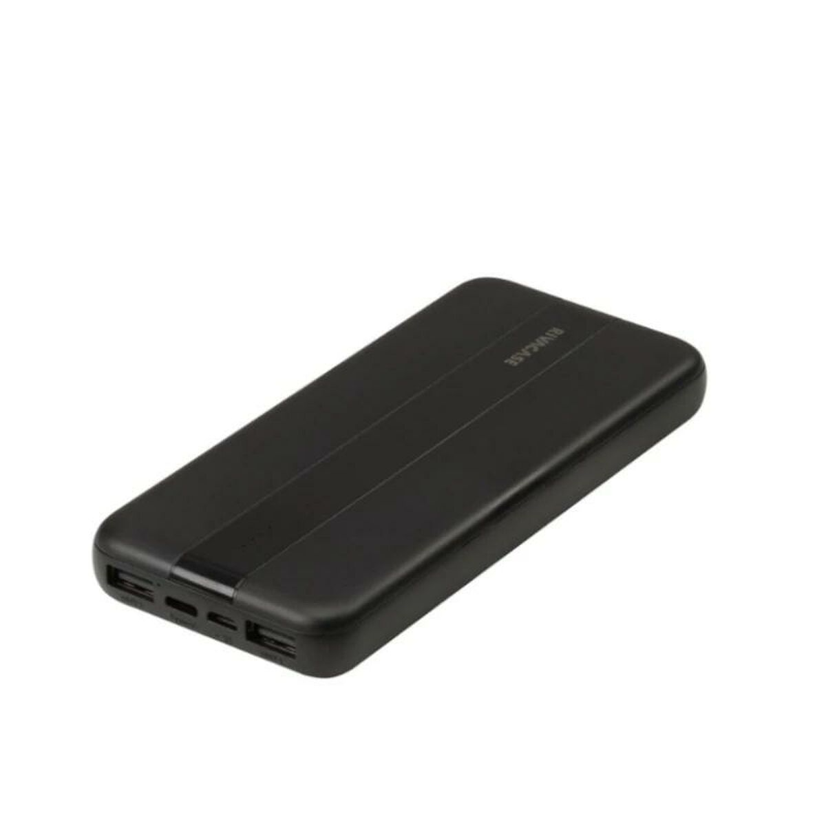 Power bank RIVACASE nero. Ha una striscia al centro e porte su un lato.