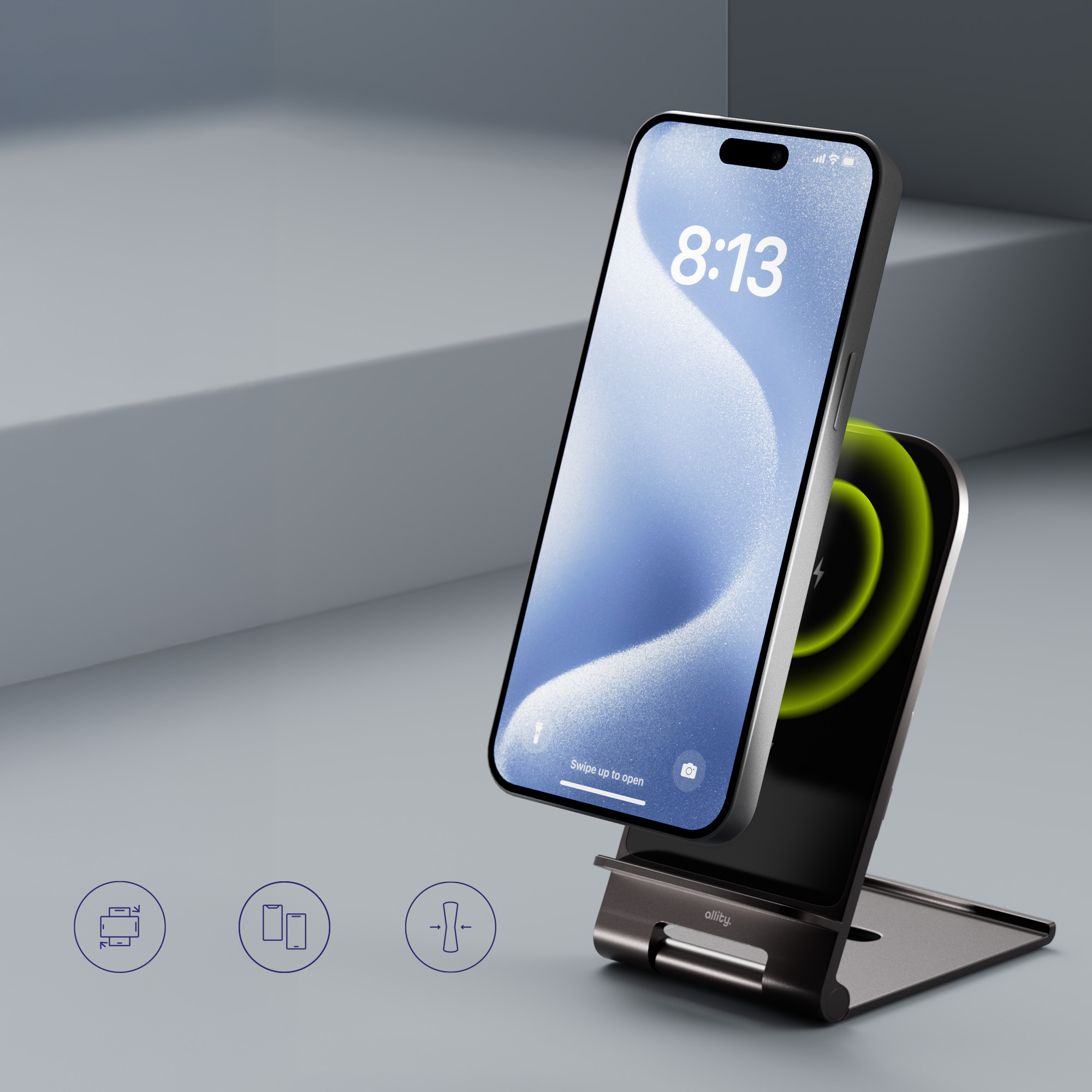 Smartfon na eleganckiej podstawce ładującej. Telefon pokazuje czas i ładuje się bezprzewodowo.