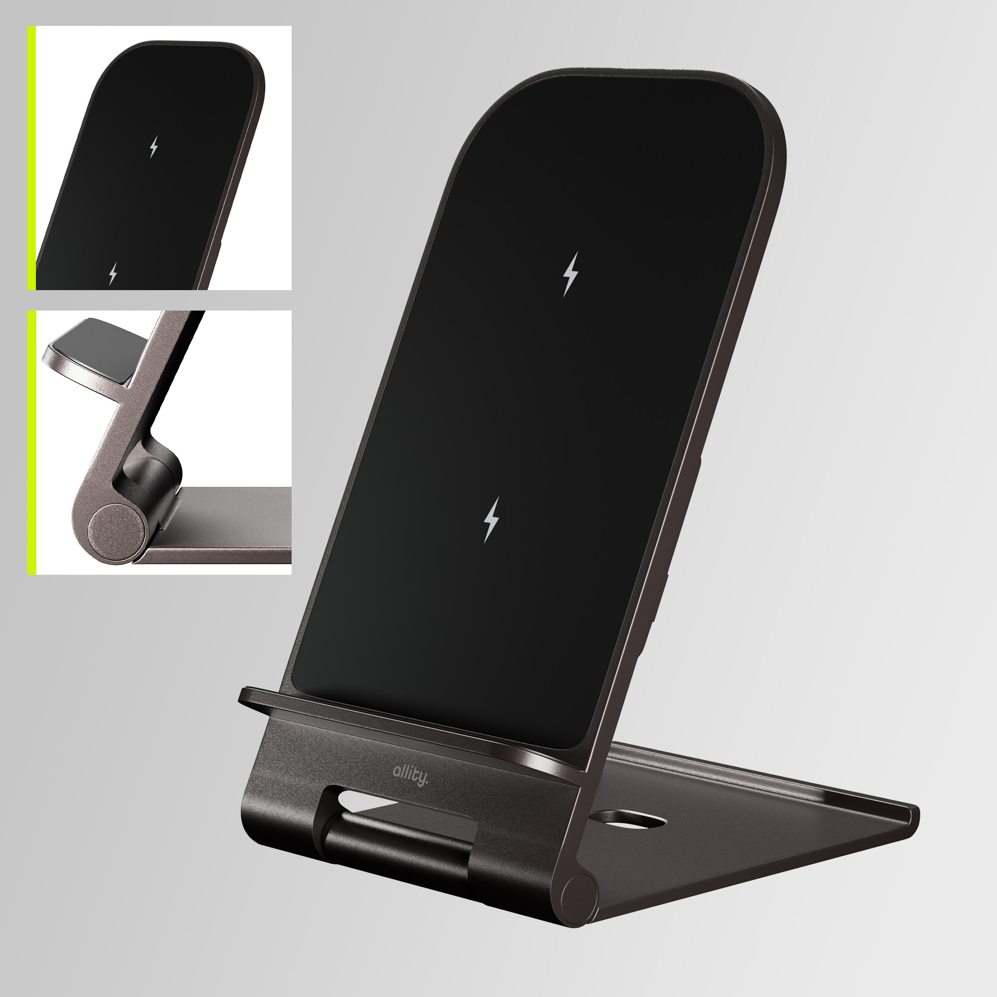 Czarny bezprzewodowy stojak do ładowania, z telefonem w środku. Mniejszy obraz stojaka w rogu.