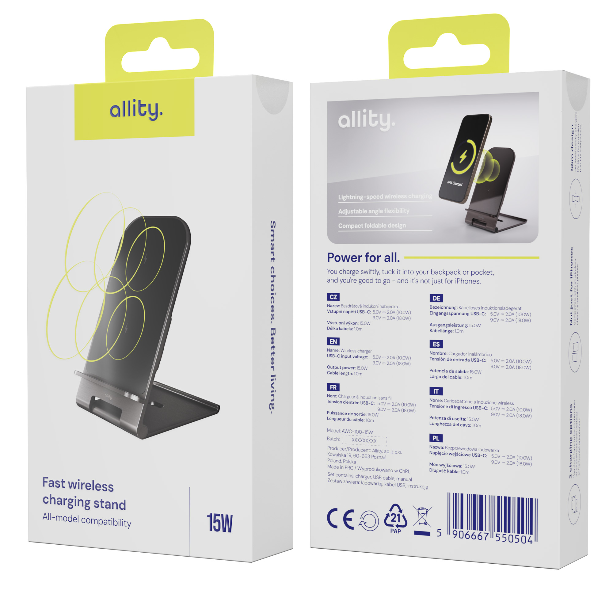 Bezprzewodowa podstawka ładująca z telefonem i szczegółami produktu na pudełku.