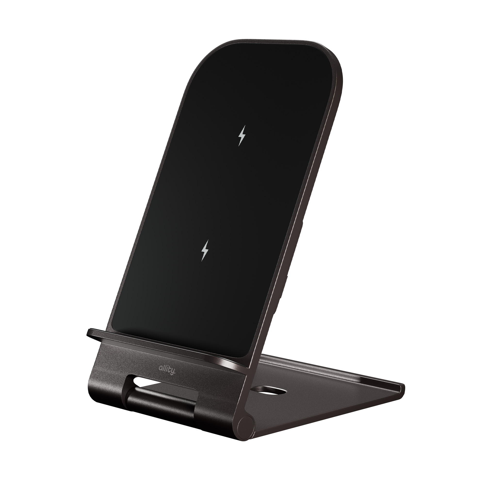 Czarna i ciemnoszara bezprzewodowa podstawka ładująca. Symbole błyskawic na powierzchni.