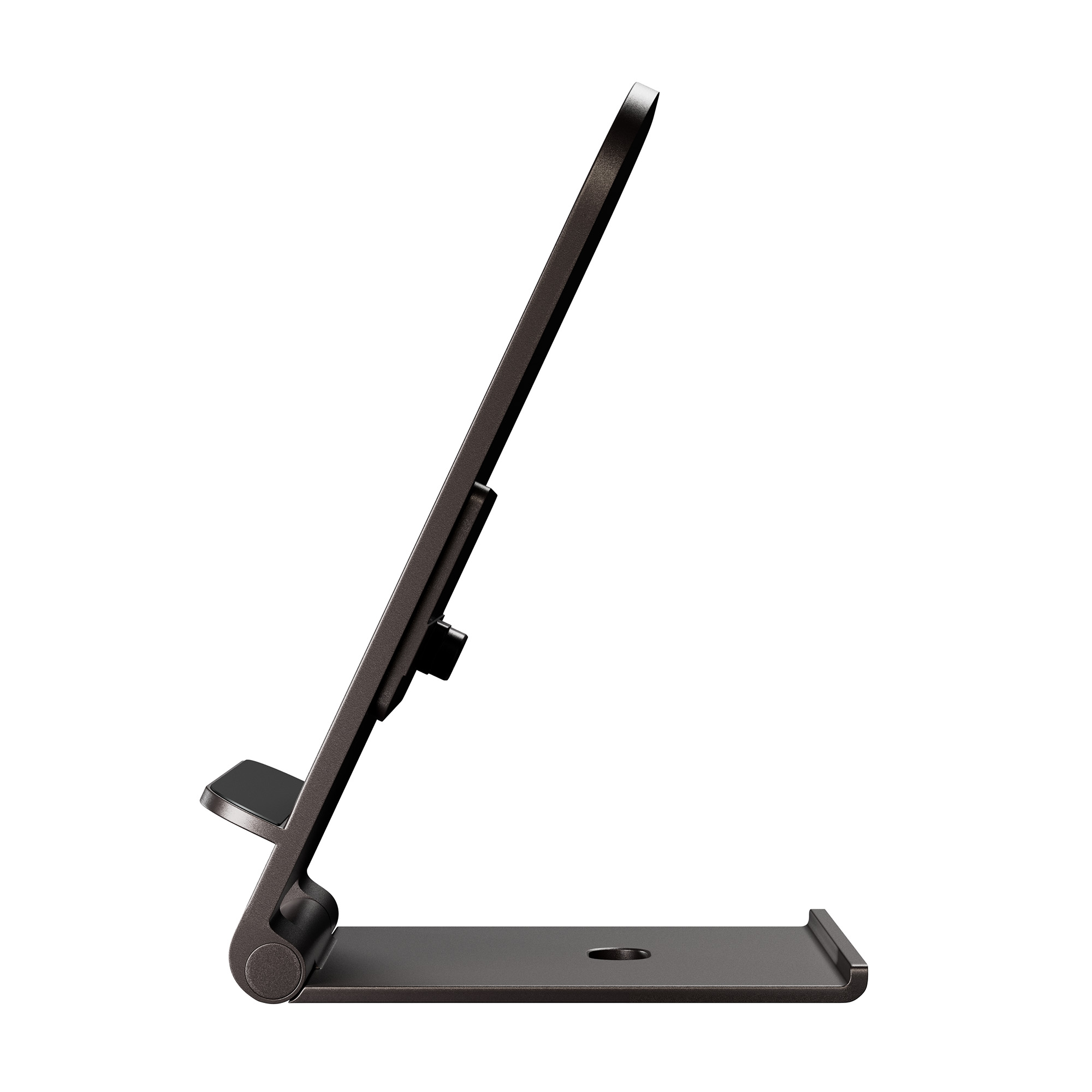 Widok z boku ciemnoszarego stojaka na tablet.