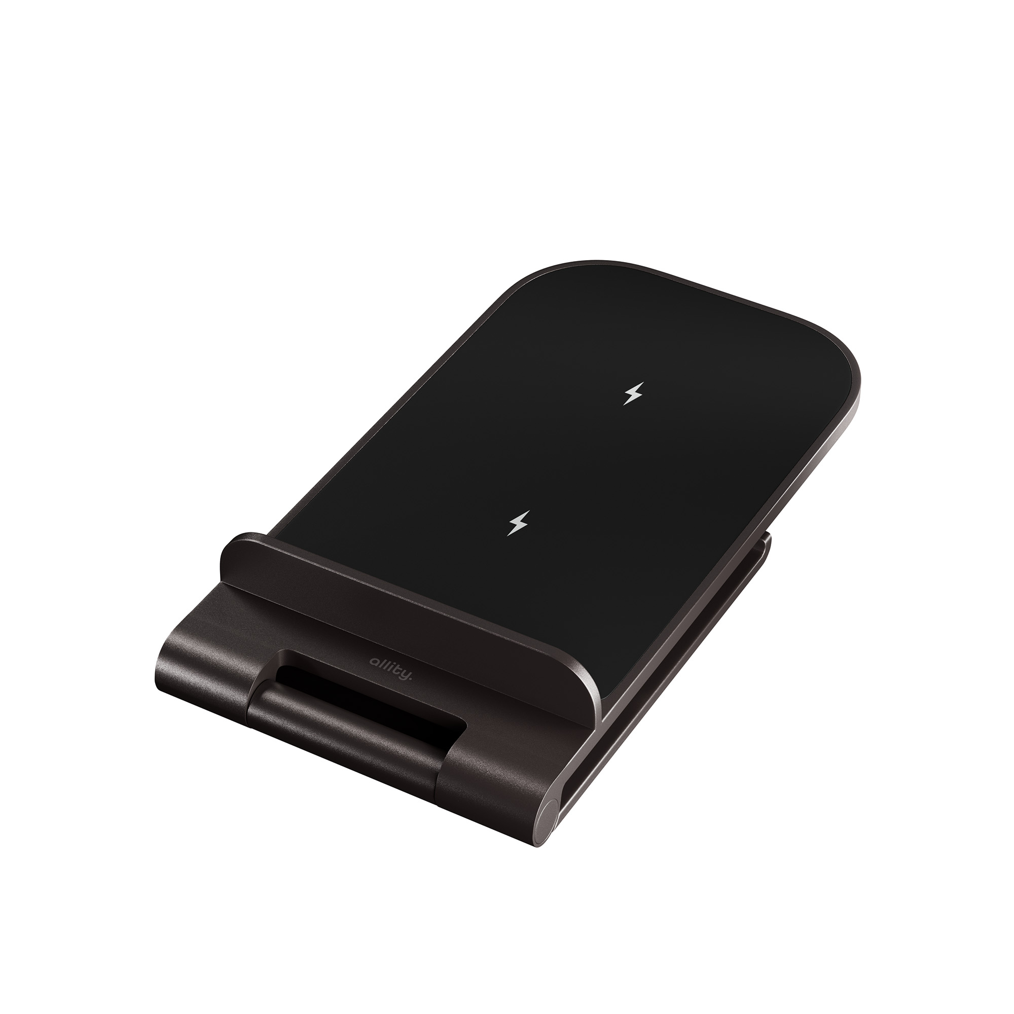 Czarna i ciemnoszara ładowarka bezprzewodowa z symbolami ładowania na białym tle.