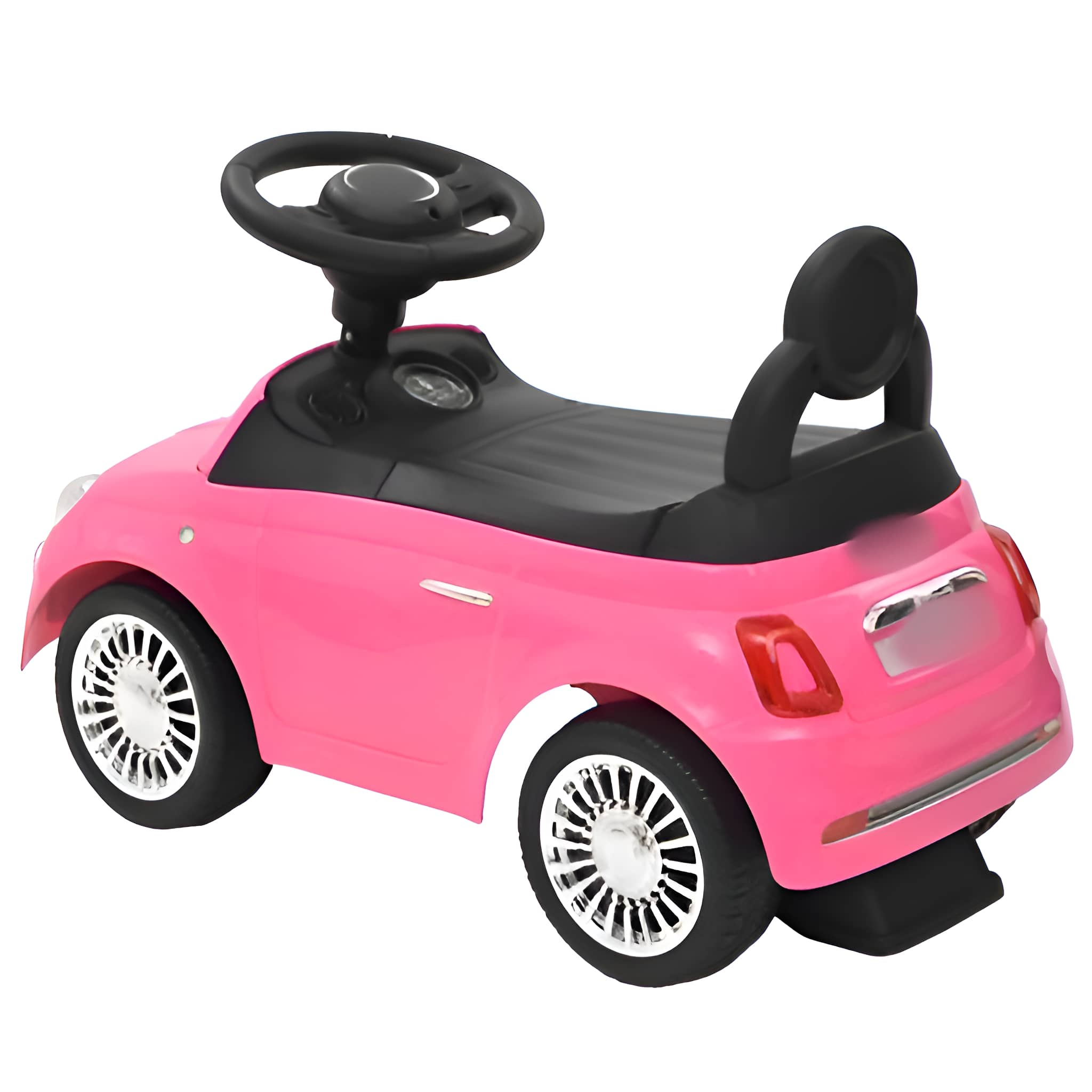 Ein rosa Spielzeugauto mit schwarzem Lenkrad, Sitz und Rückenlehne auf weißem Hintergrund.