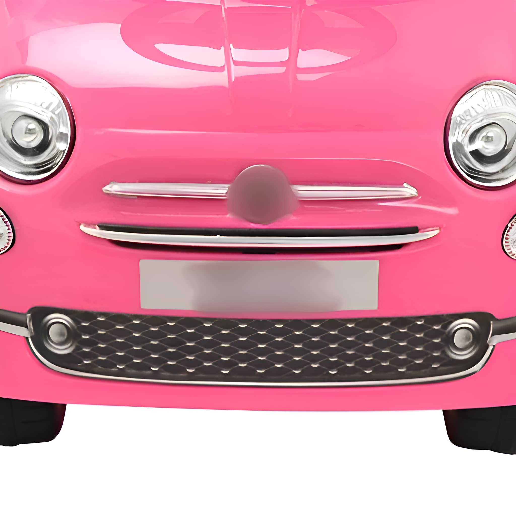 Nahaufnahme der Vorderseite eines pinken Autos. Scheinwerfer, ein Kühlergrill und ein Bereich für das Nummernschild sind sichtbar.