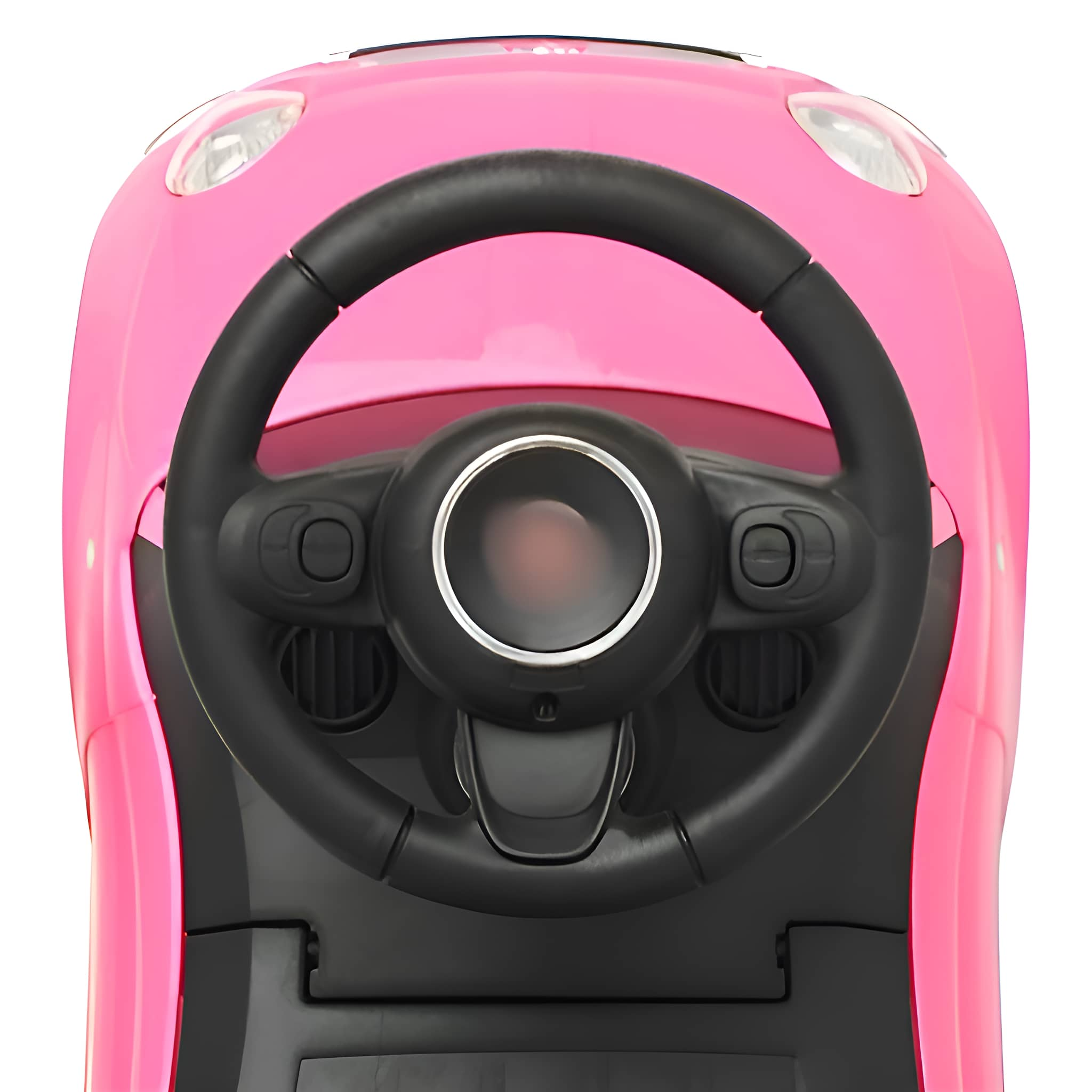Nahaufnahme eines rosa Autolenkrads. Weißer Hintergrund.