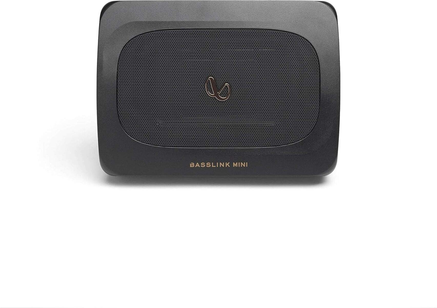 Schwarzer Lautsprecher, Basslink Mini, mit goldenem Logo. Es sitzt auf einem weißen Hintergrund.
