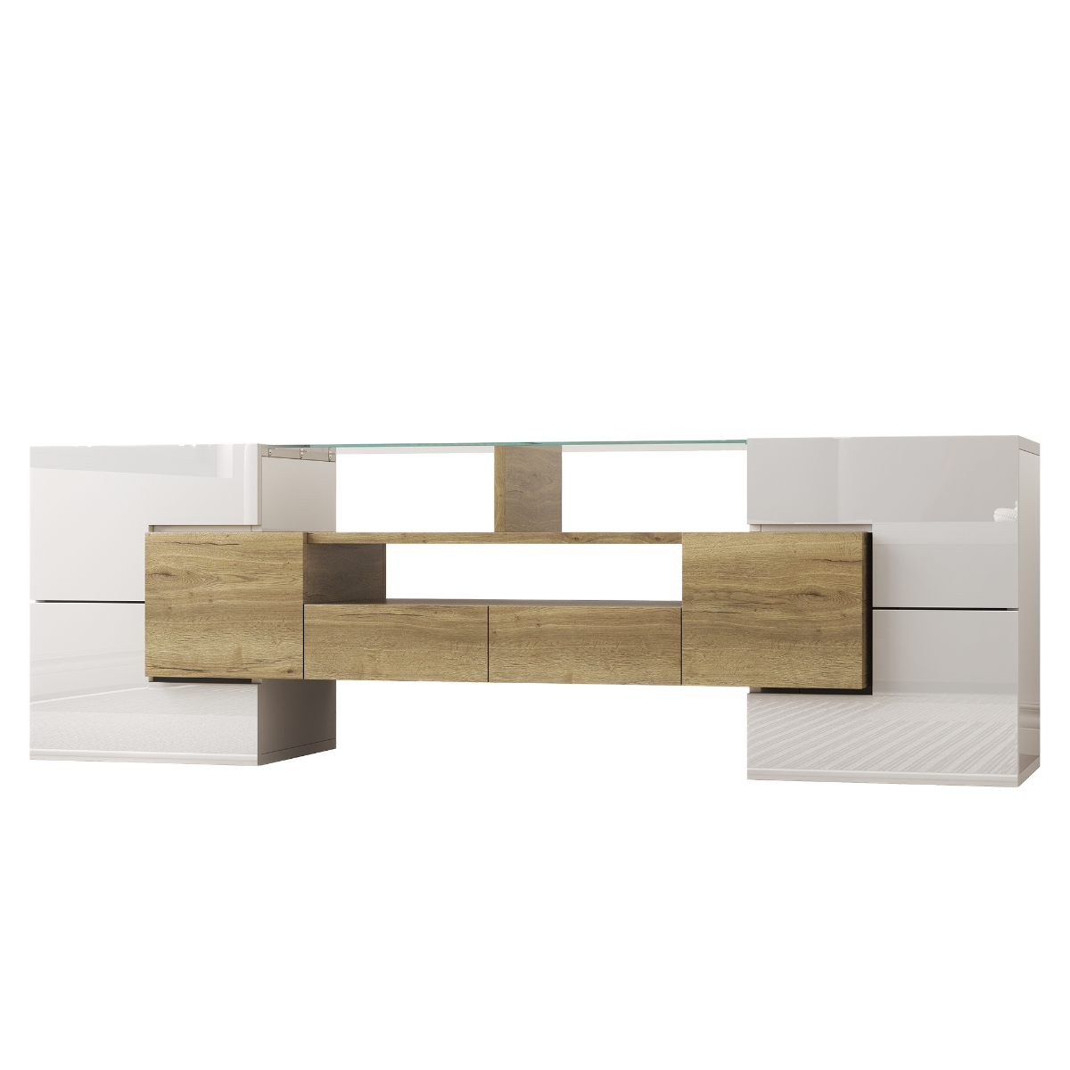 Ein moderner TV-Ständer in Weiß und Holz mit Schubladen und offenen Regalen, mit Glasplatte.