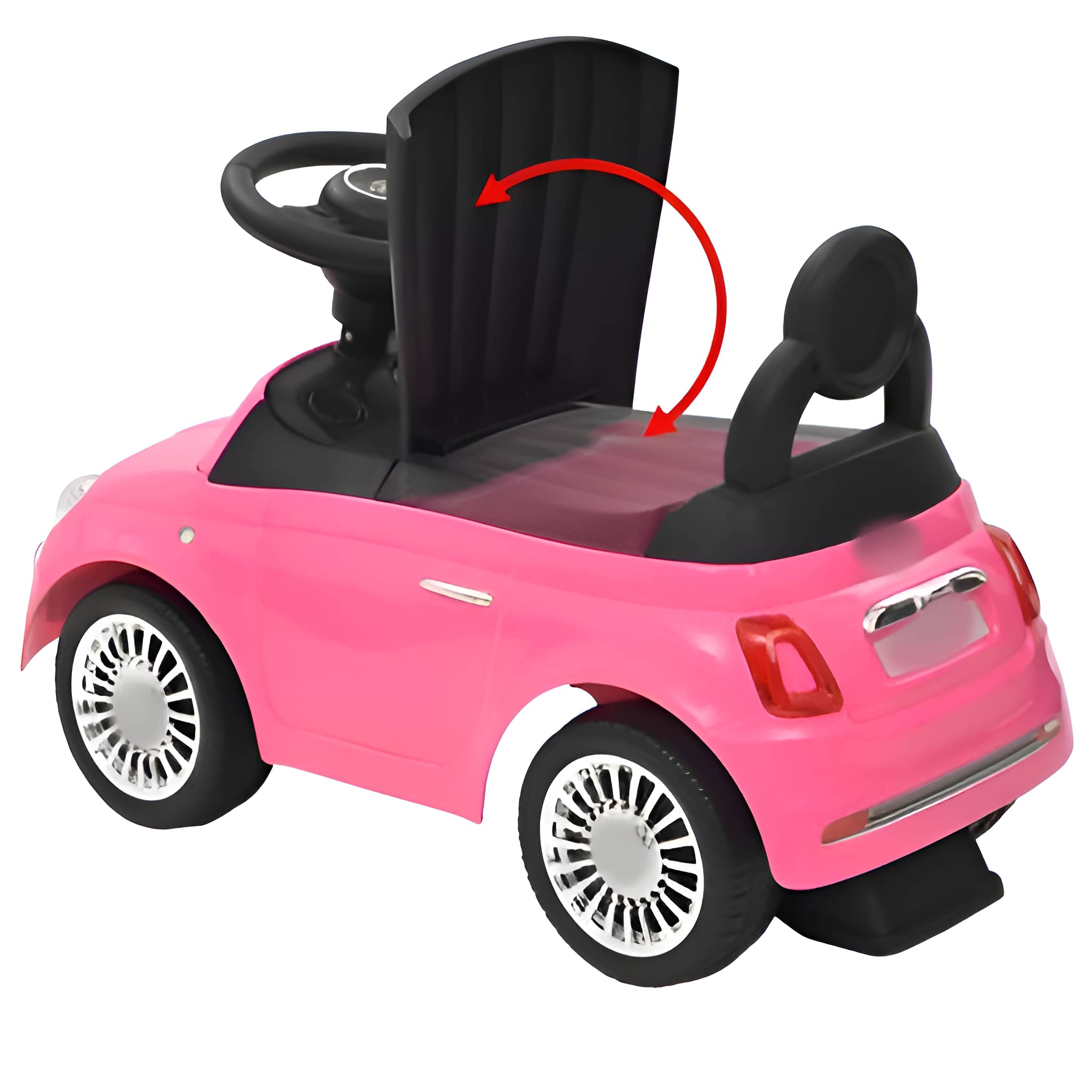 Ein rosa Spielzeugauto mit einem Sitz, der sich öffnet. Schwarz-weiße Räder und rote Akzente.