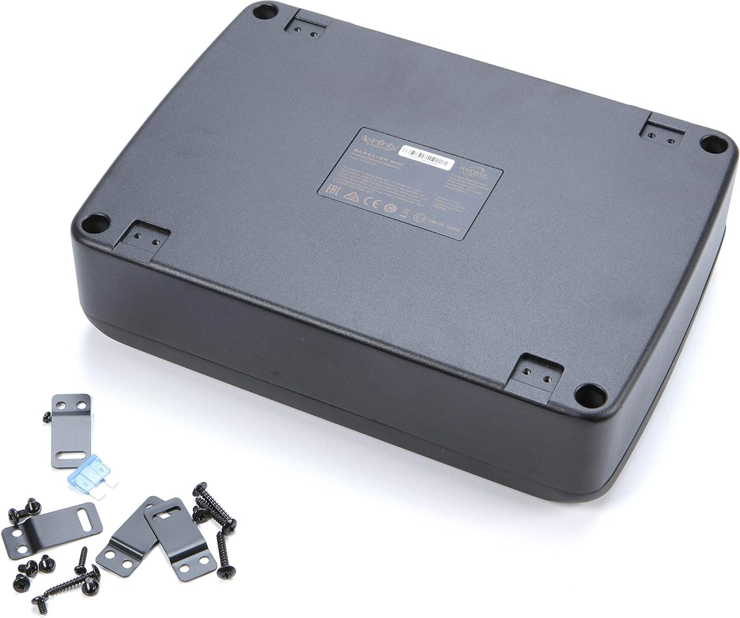 Schwarze Box mit Befestigungsmaterial und ein Etikett auf der Rückseite. Text: Baseline Mini.