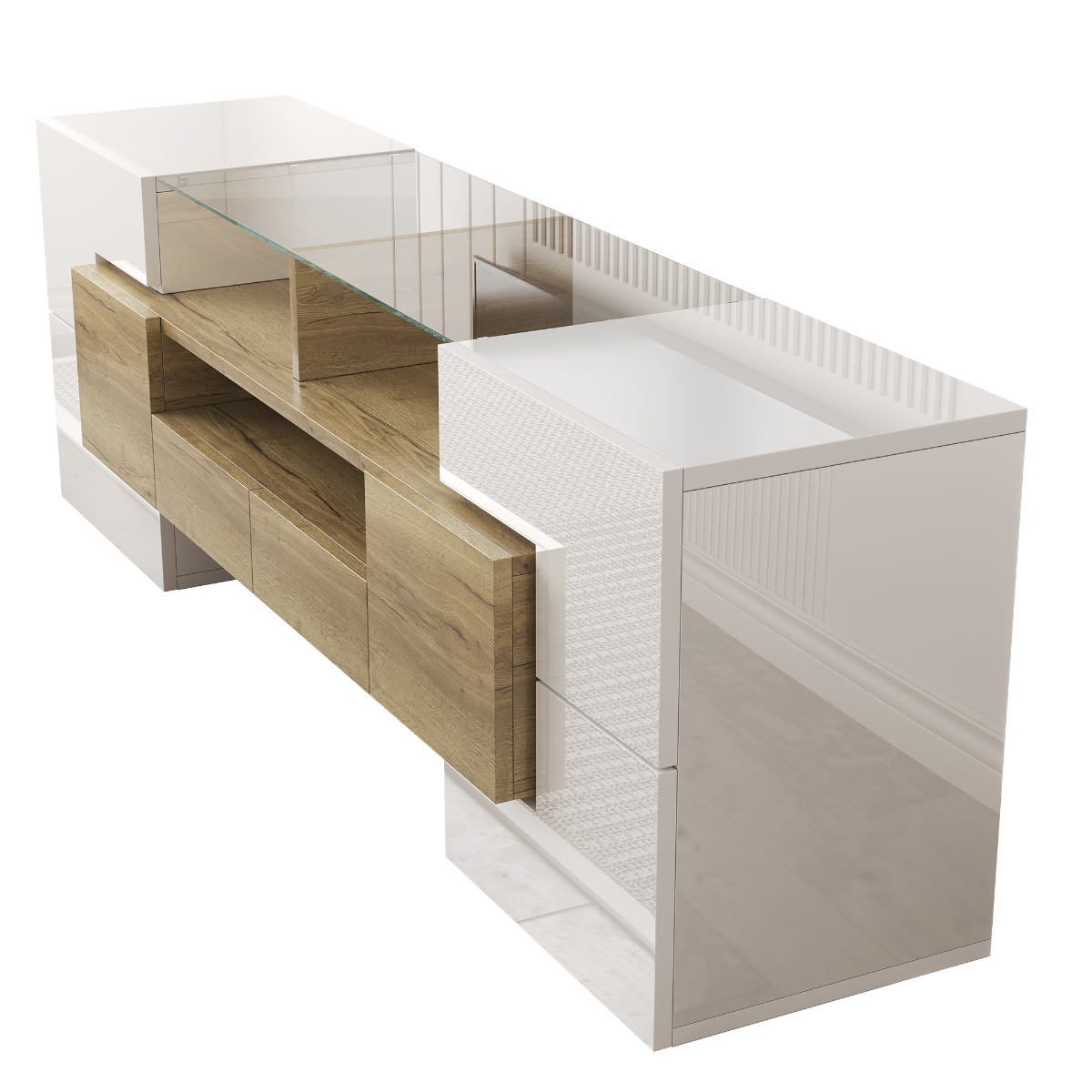 Moderner weißer und Holz-TV-Ständer mit Glasplatte auf weißem Hintergrund.