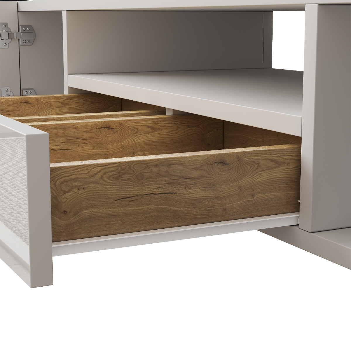 Hellgrauer Schrank mit teilweise geöffneten Holzschubladen.